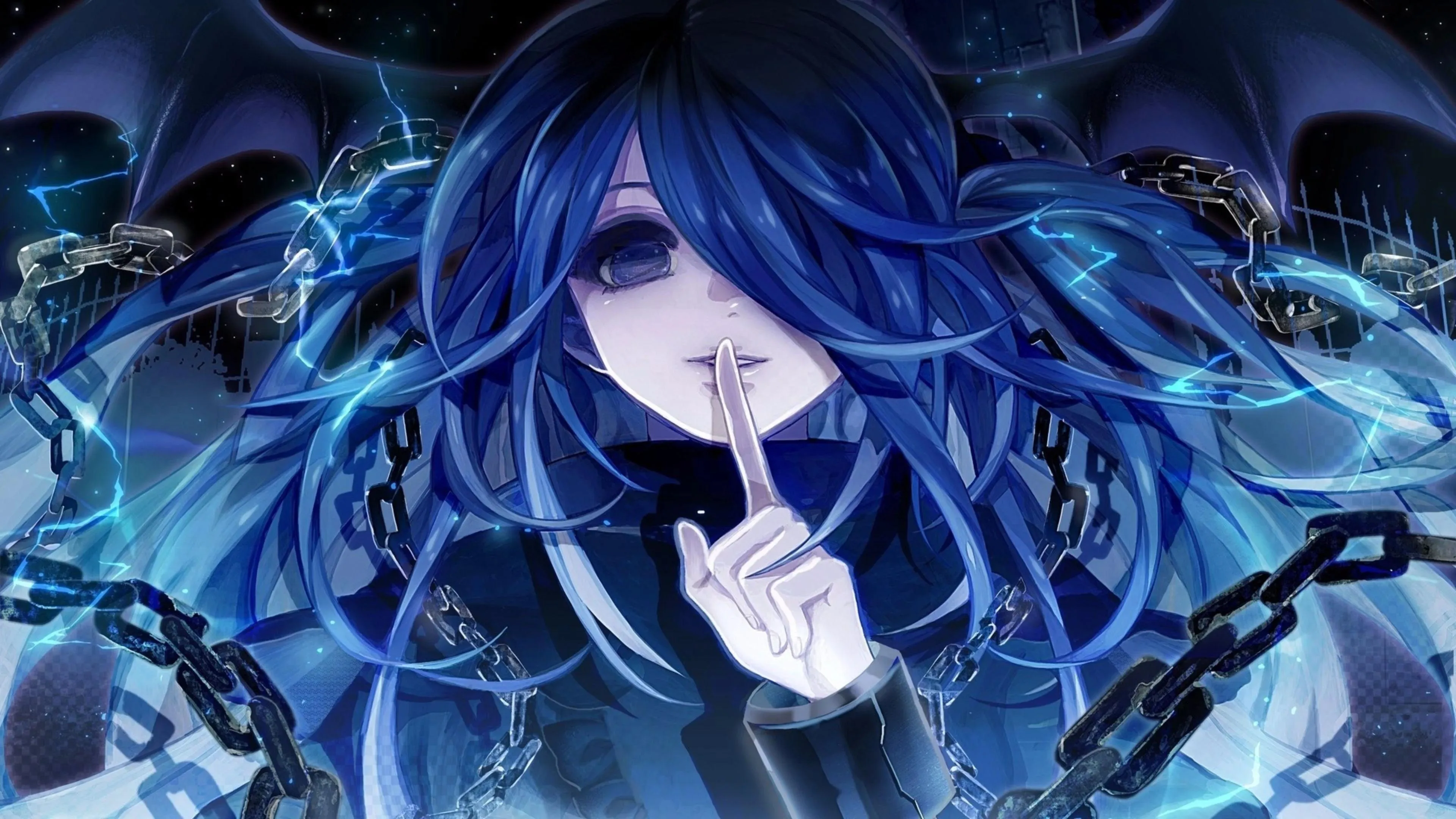 Dark Haired Anime Girl in Blue Dress with Long Hair