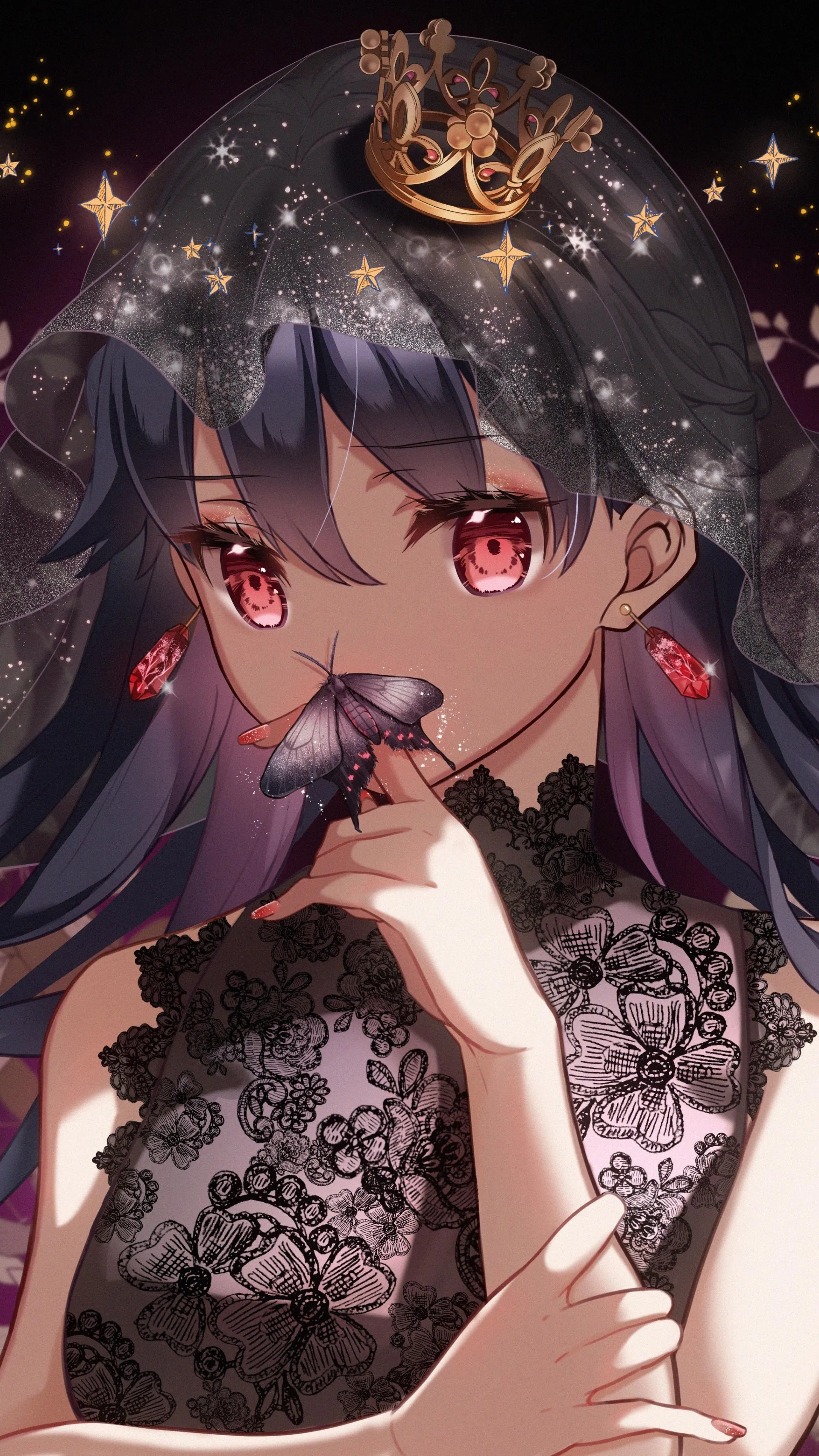 Dark Themed Anime Girl with Crown and Red Eyes Wallpaper