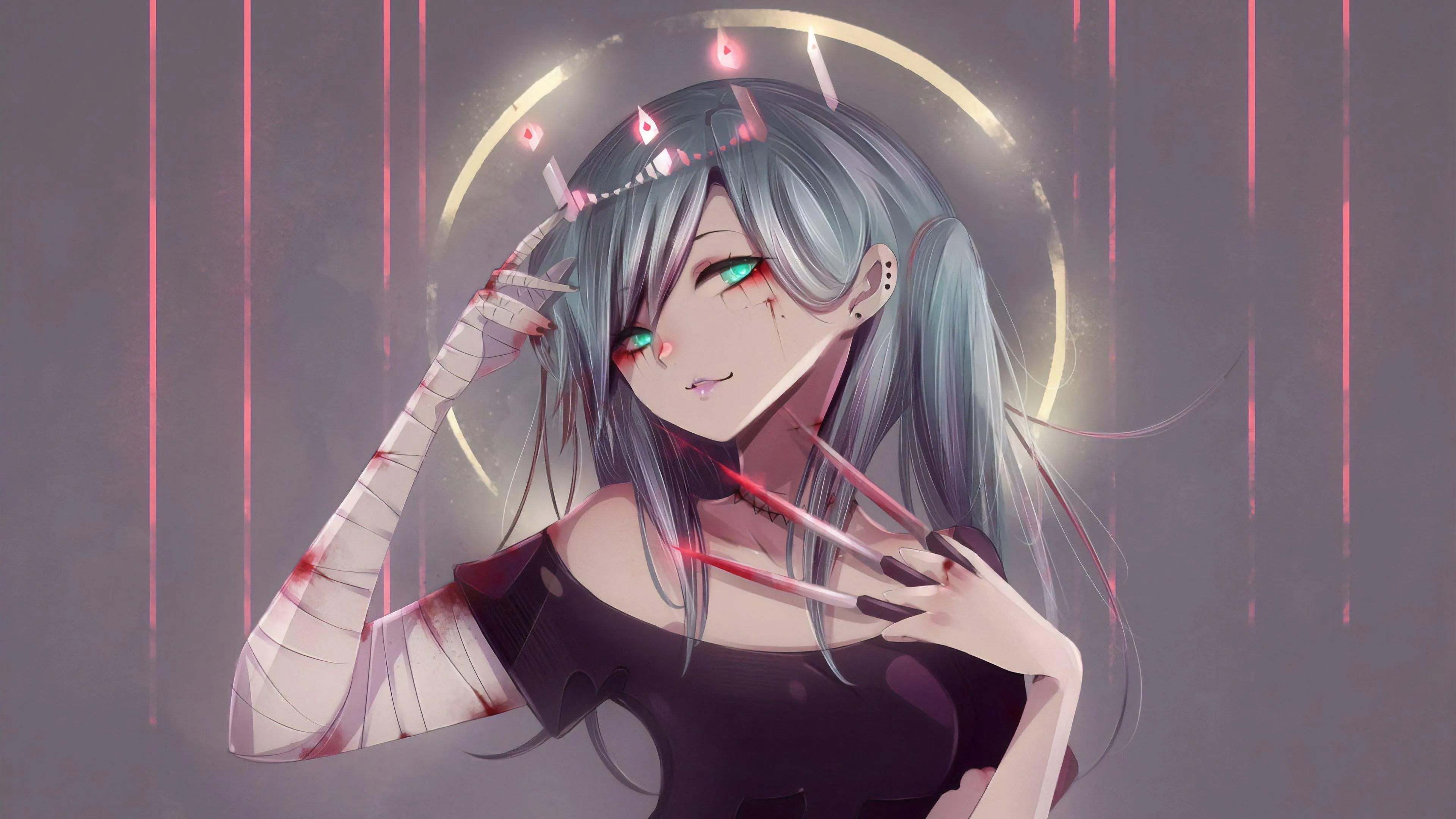 Date a Live Girl Glows in Pink Light with Calm Expression
