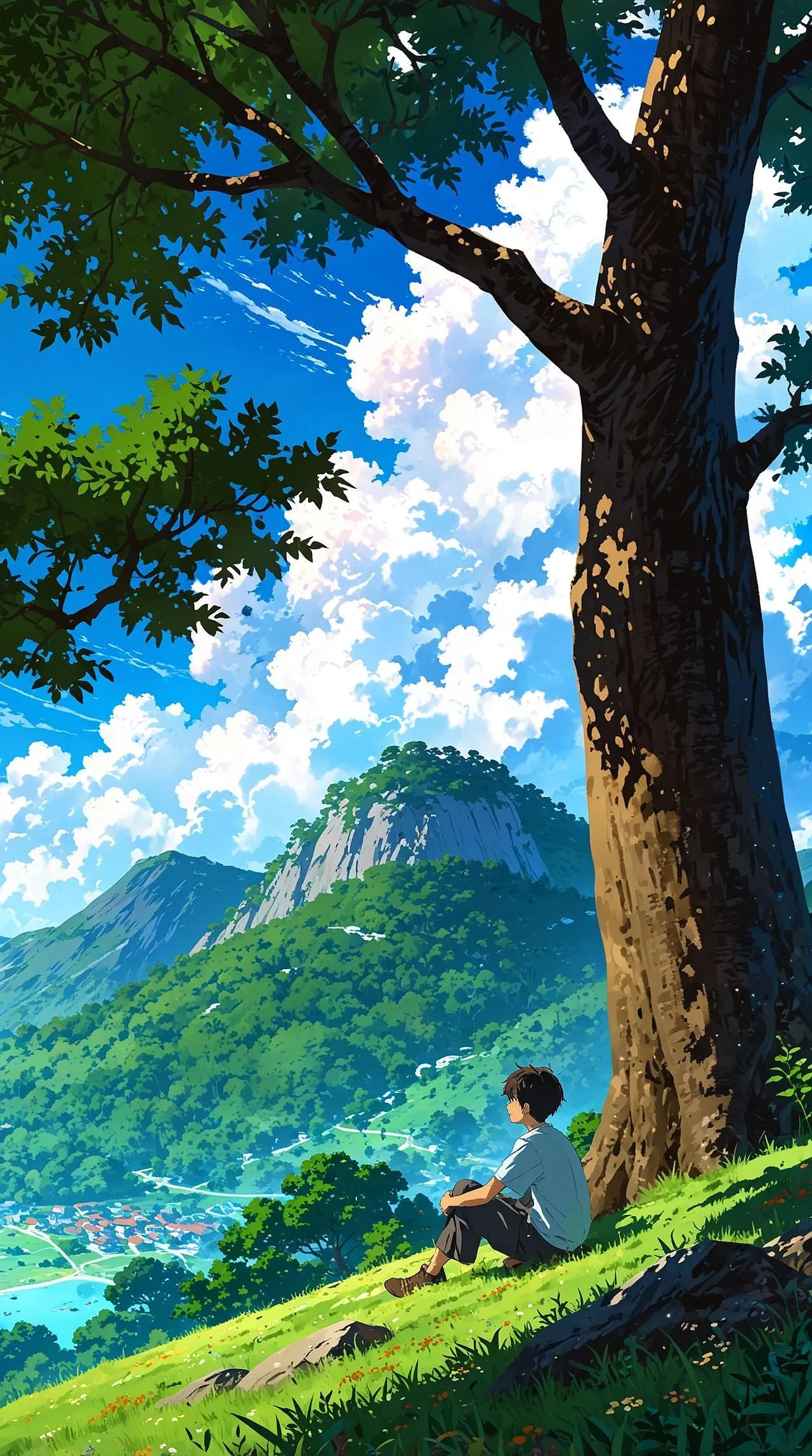 Download boy is under the tree near the hills wallpaper free