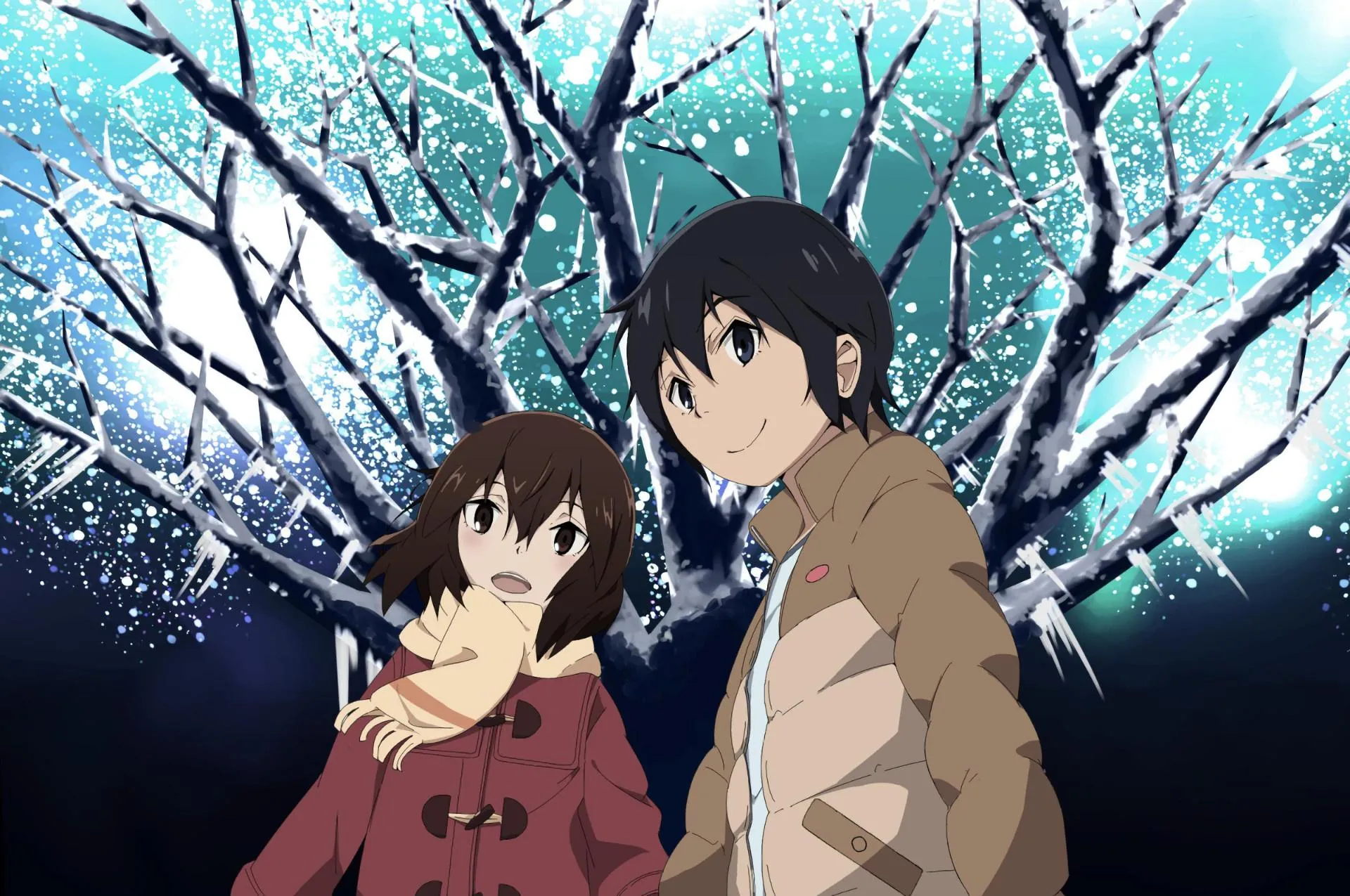 Erased Satoru and Kayo Emotional Wintertime Scene Wallpaper