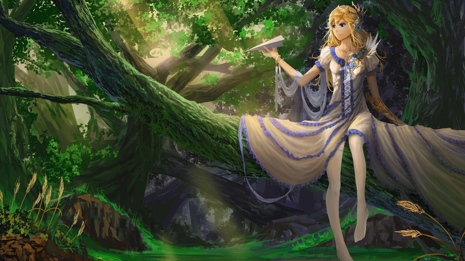 Fantasy Anime Elf in Lush Forest Setting Wallpaper
