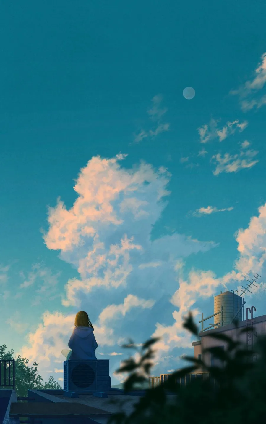 Girl sitting in an air conditioner on the rooftop wallpaper