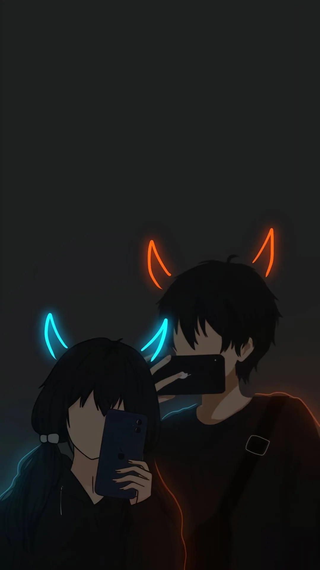 A girl and a boy with the same black shirt and taking pics