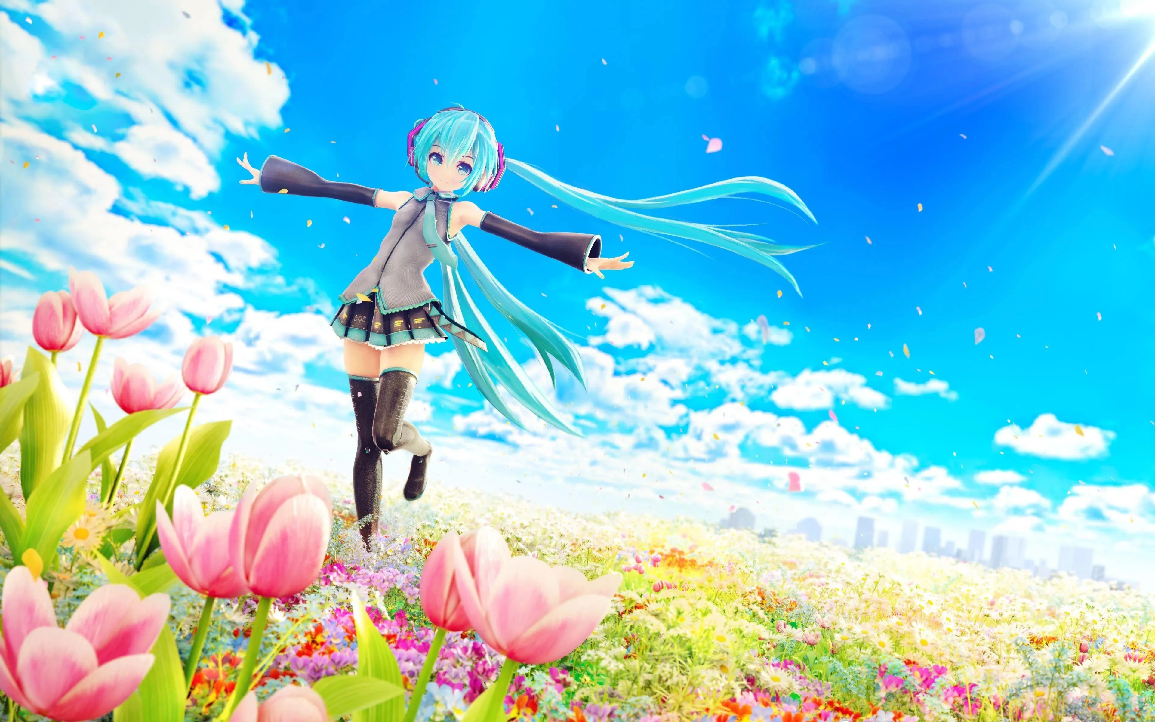 Girl Enjoying Spring Day with Flowers and Blue Sky