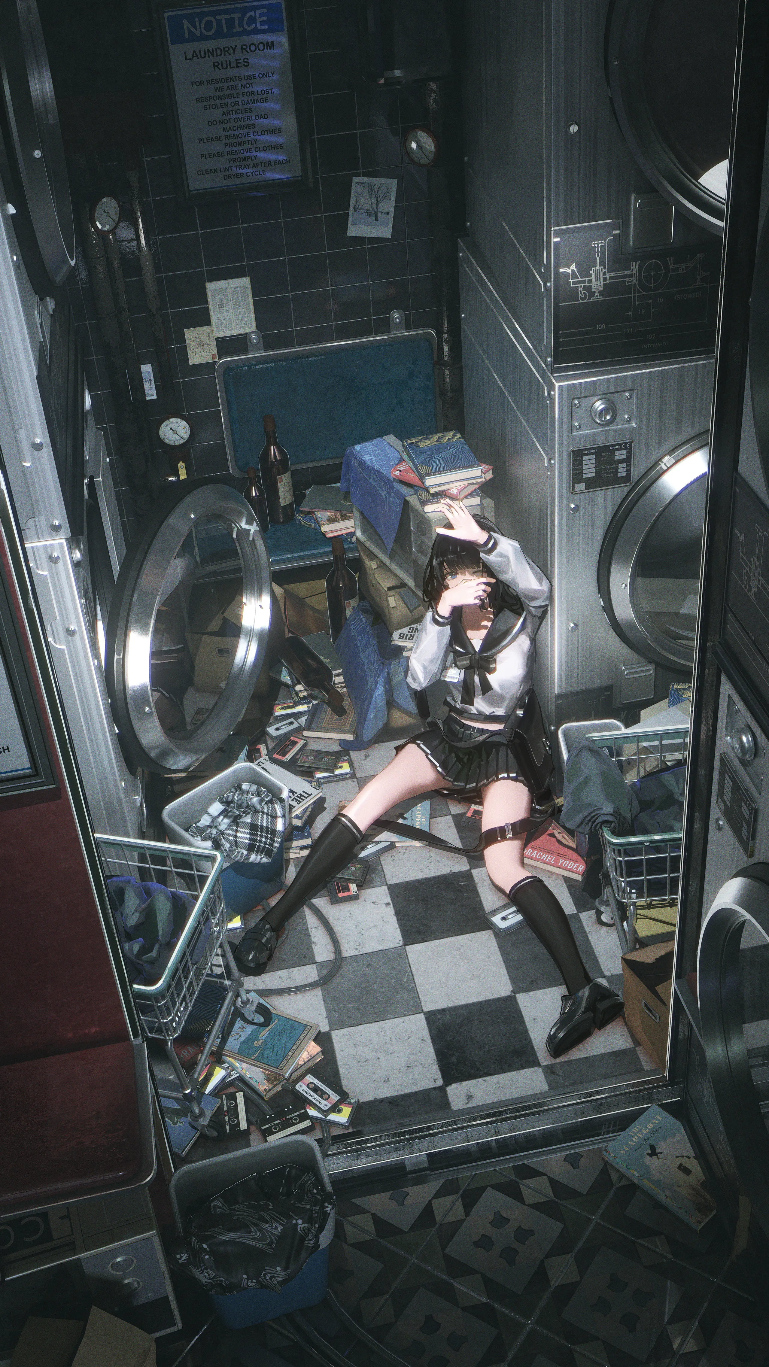 A girl is in the laundry but it is dirty she calls for help