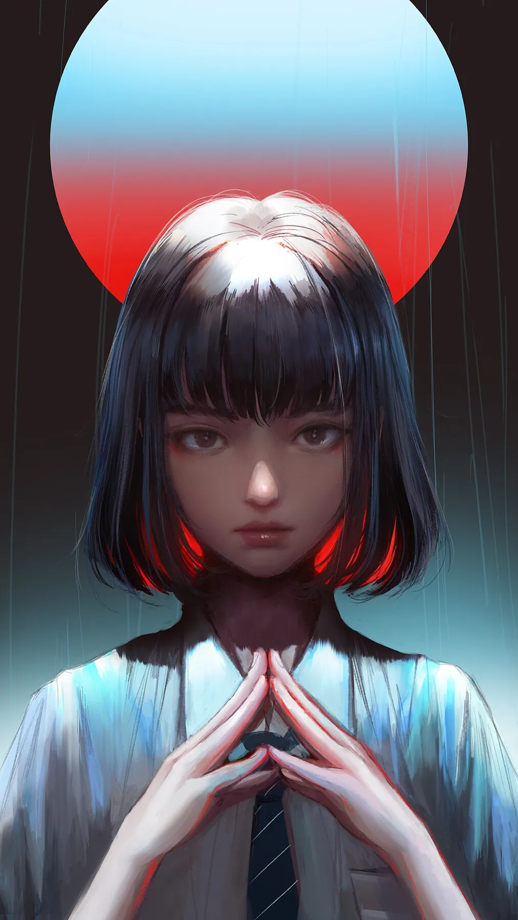 A girl with triangular hand gesture with neon shadow images