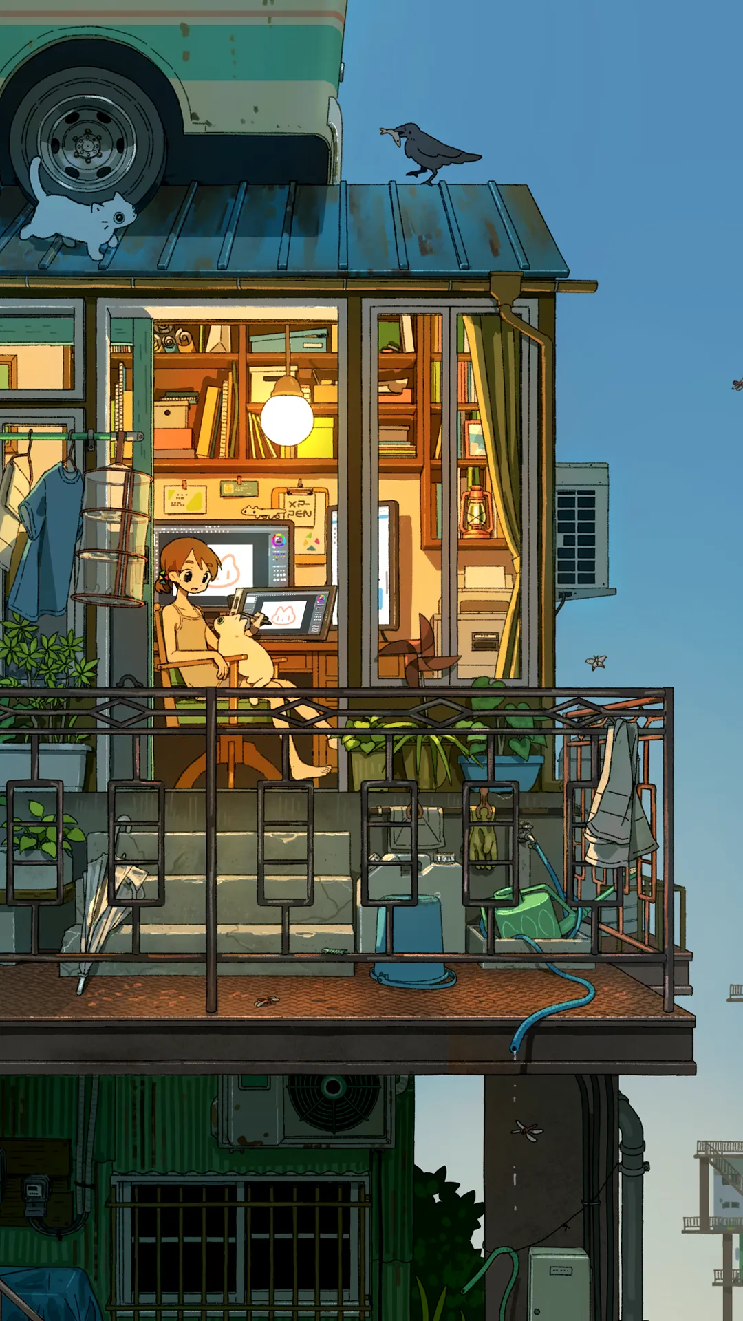 Cute girl playing with cat in first floor free wallpaper