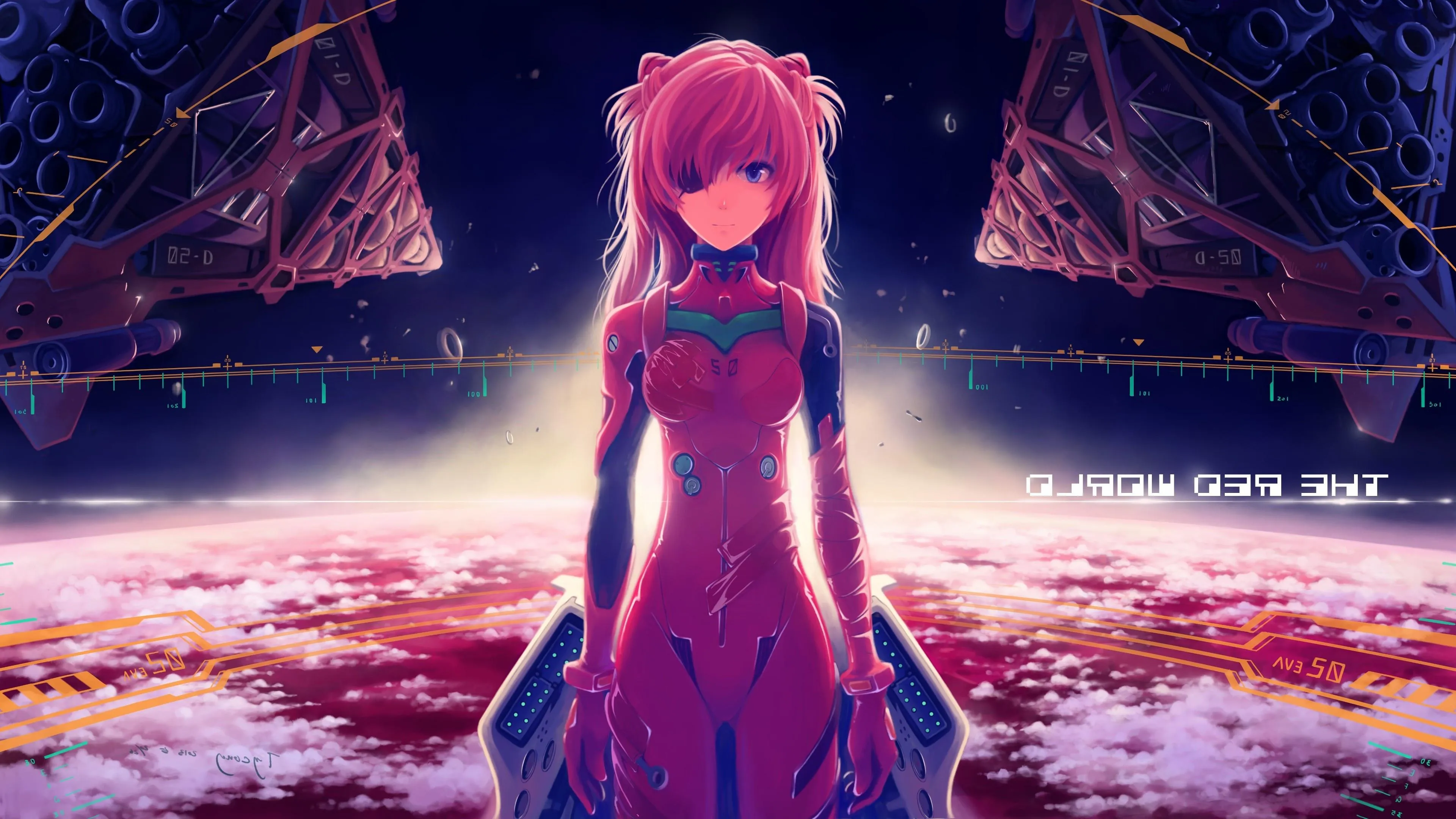Girl with Long Pink Hair Gazing At Starry Red Night Sky