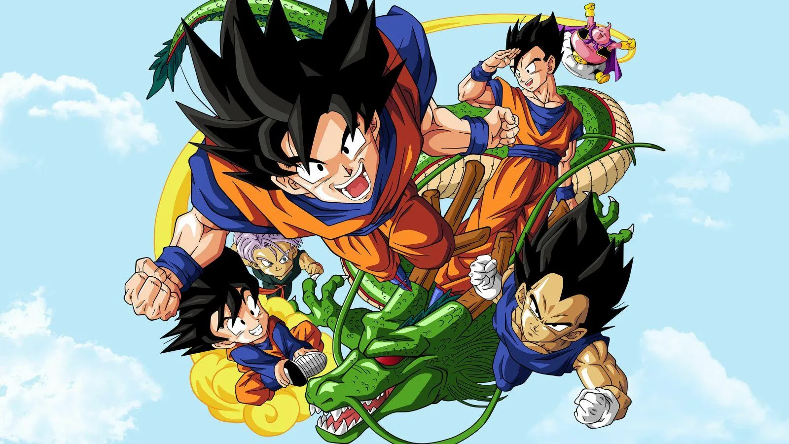 Goku and Friends Flying in Dragon Ball Z Anime Wallpaper