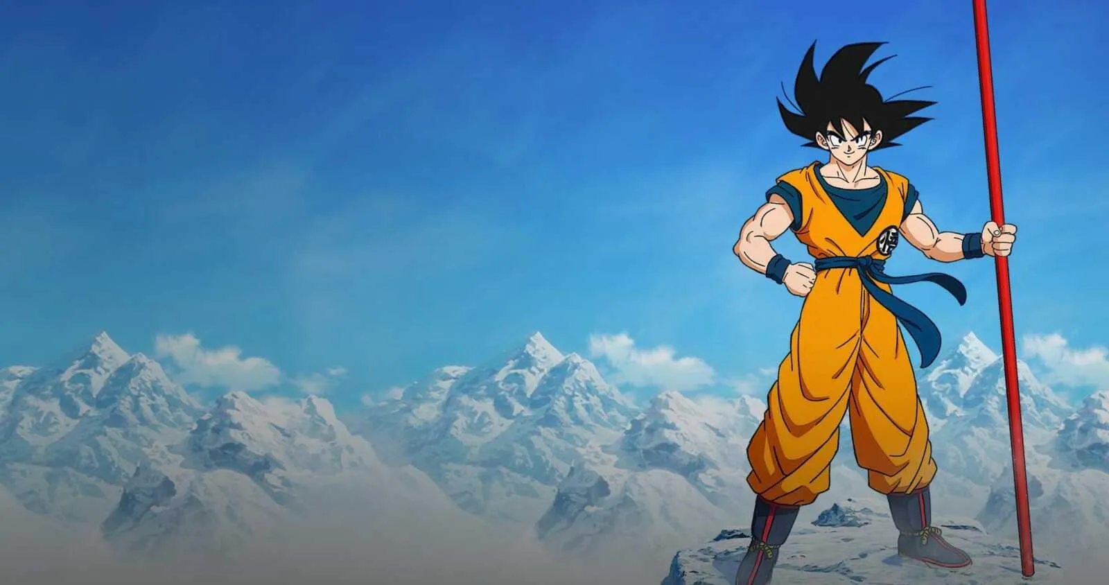Goku Standing Confidently with Mountains Behind in Dragon Ball