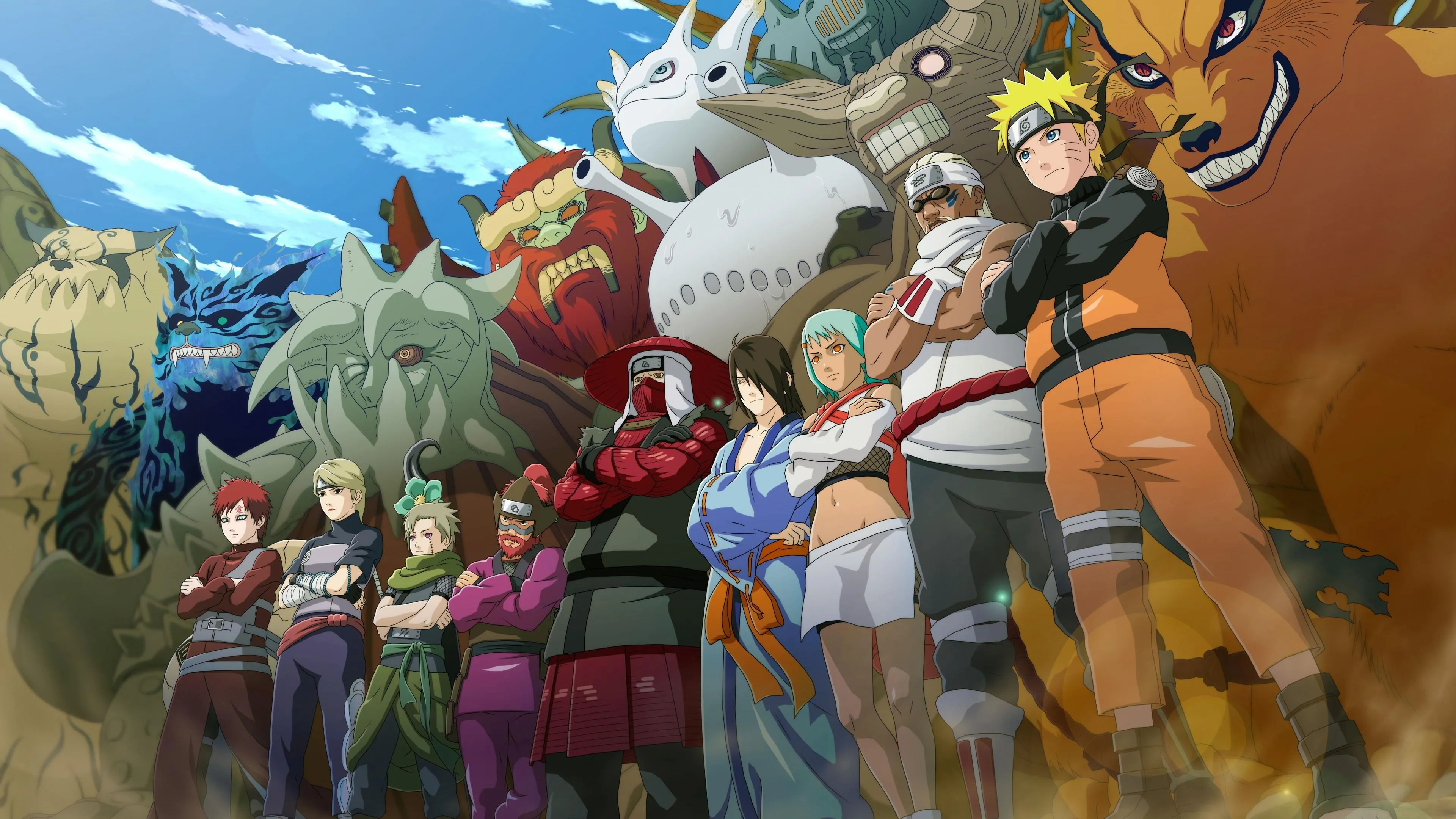 Group of Diverse Anime Characters Posing Outdoors Wallpaper