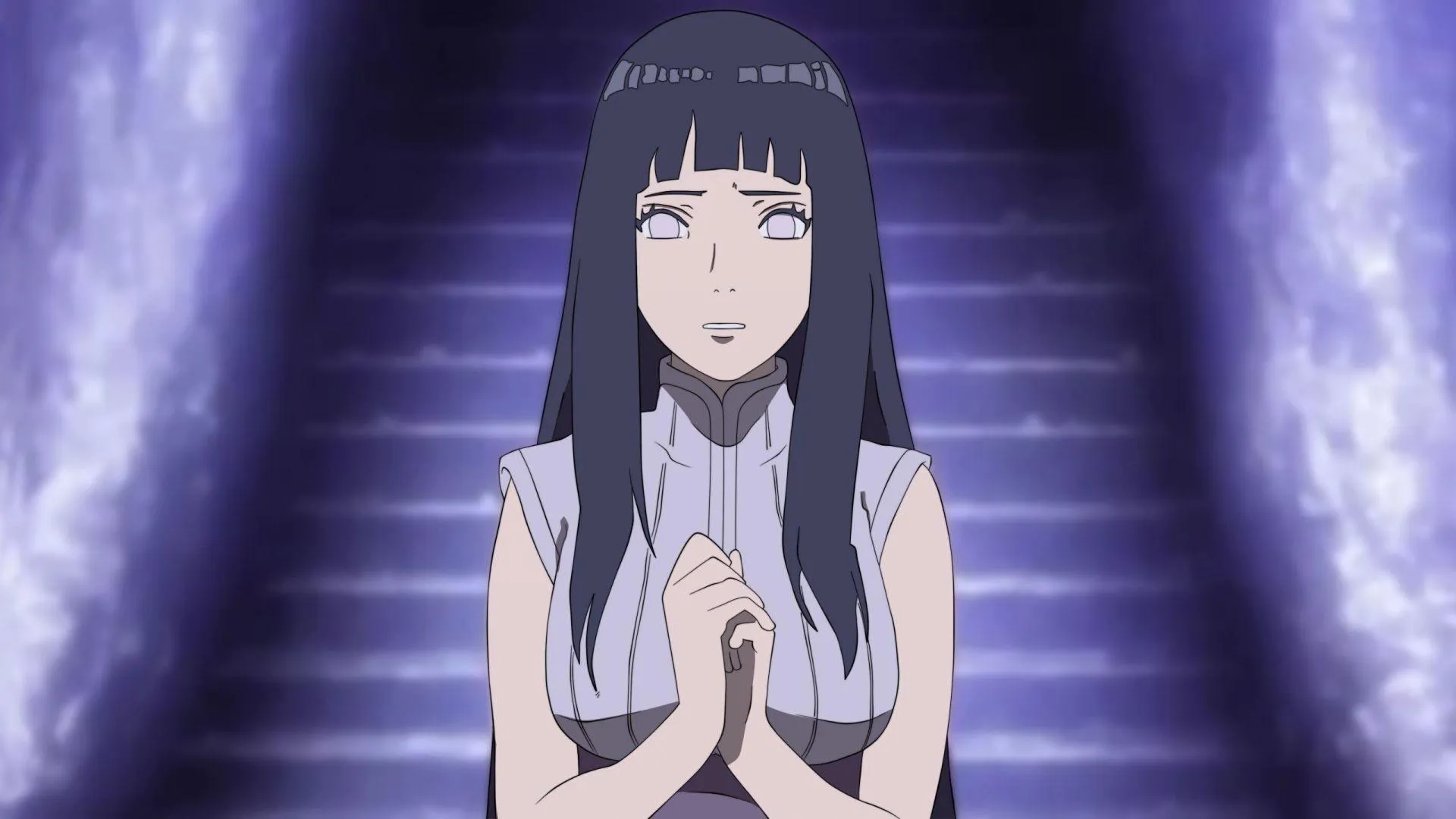 Hinagiku Katsura Sitting Gracefully on Purple Steps