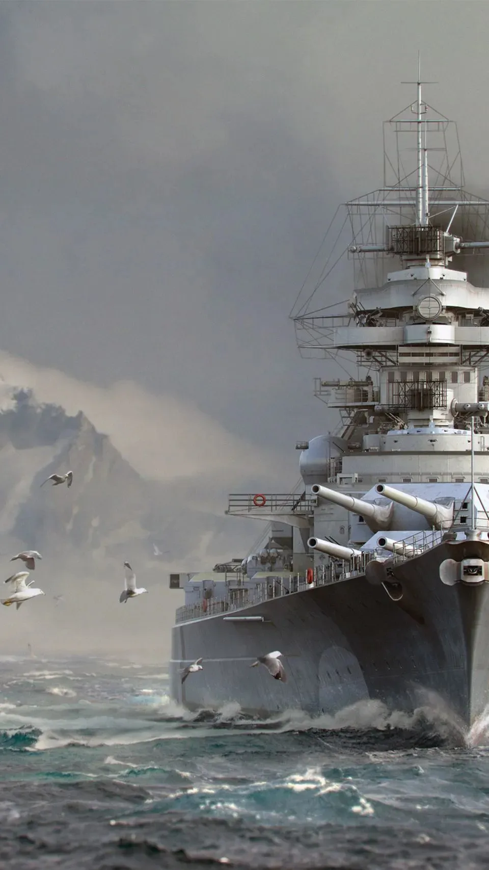 Image of a warship sailing in the ocean with birds flying
