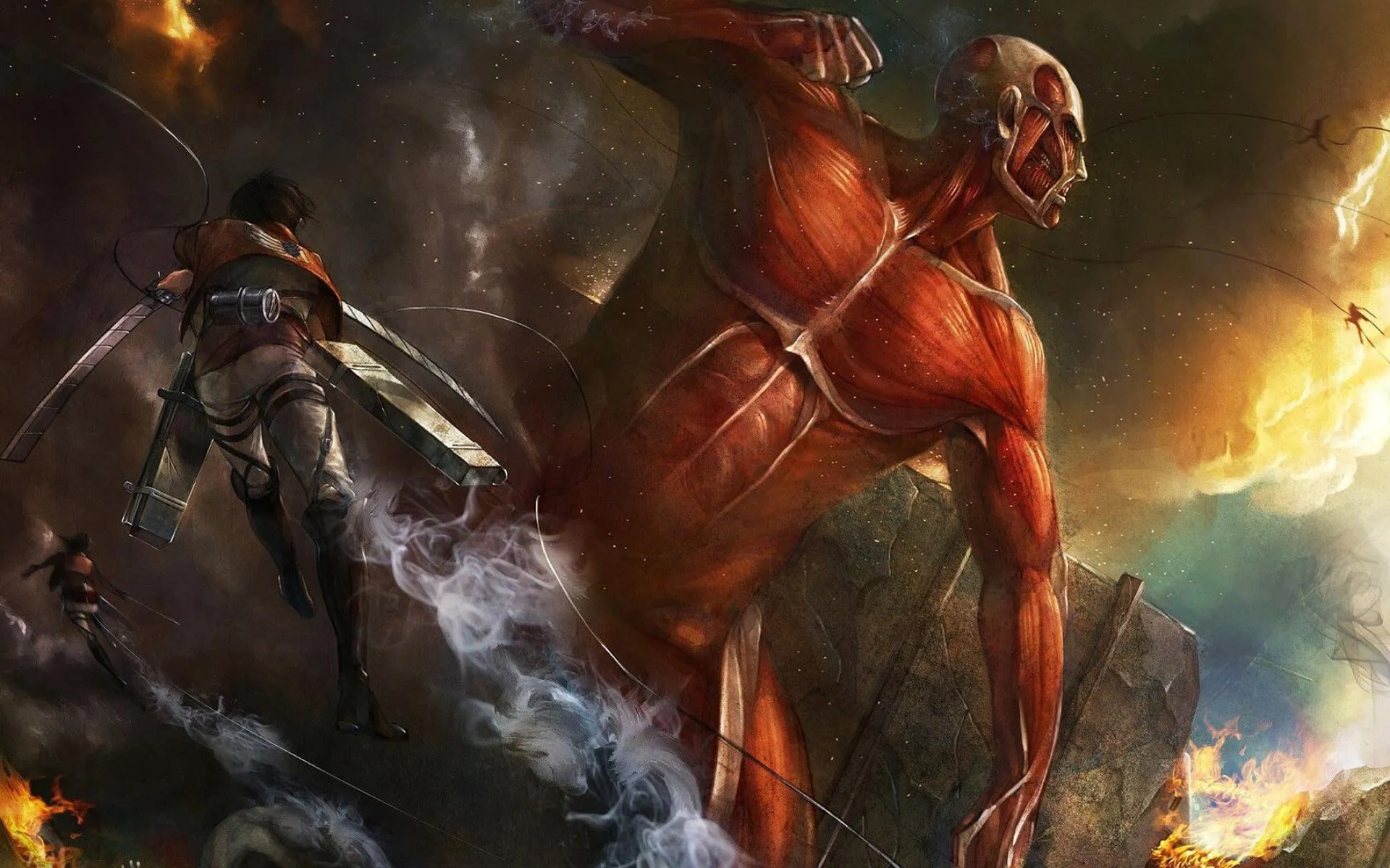 Intense Anime Warriors in Fiery Battle Scene Wallpaper
