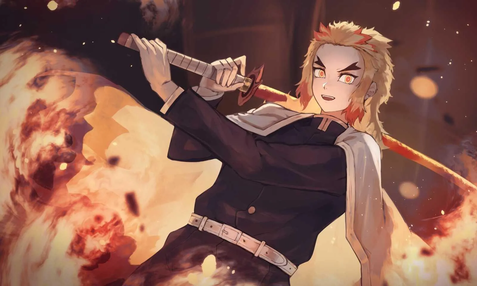 Kyojuro Rengoku with Fiery Sword Ready to Fight Wallpaper