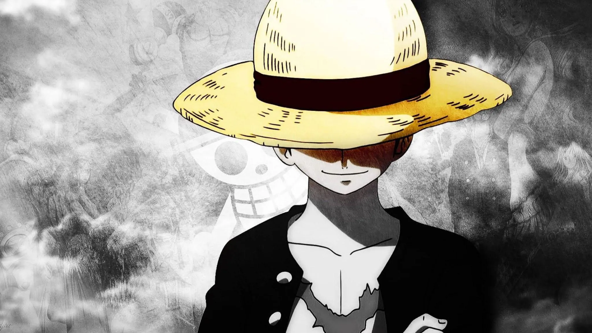 Luffy in Black Coat and Hat with Wind Blowing Hard