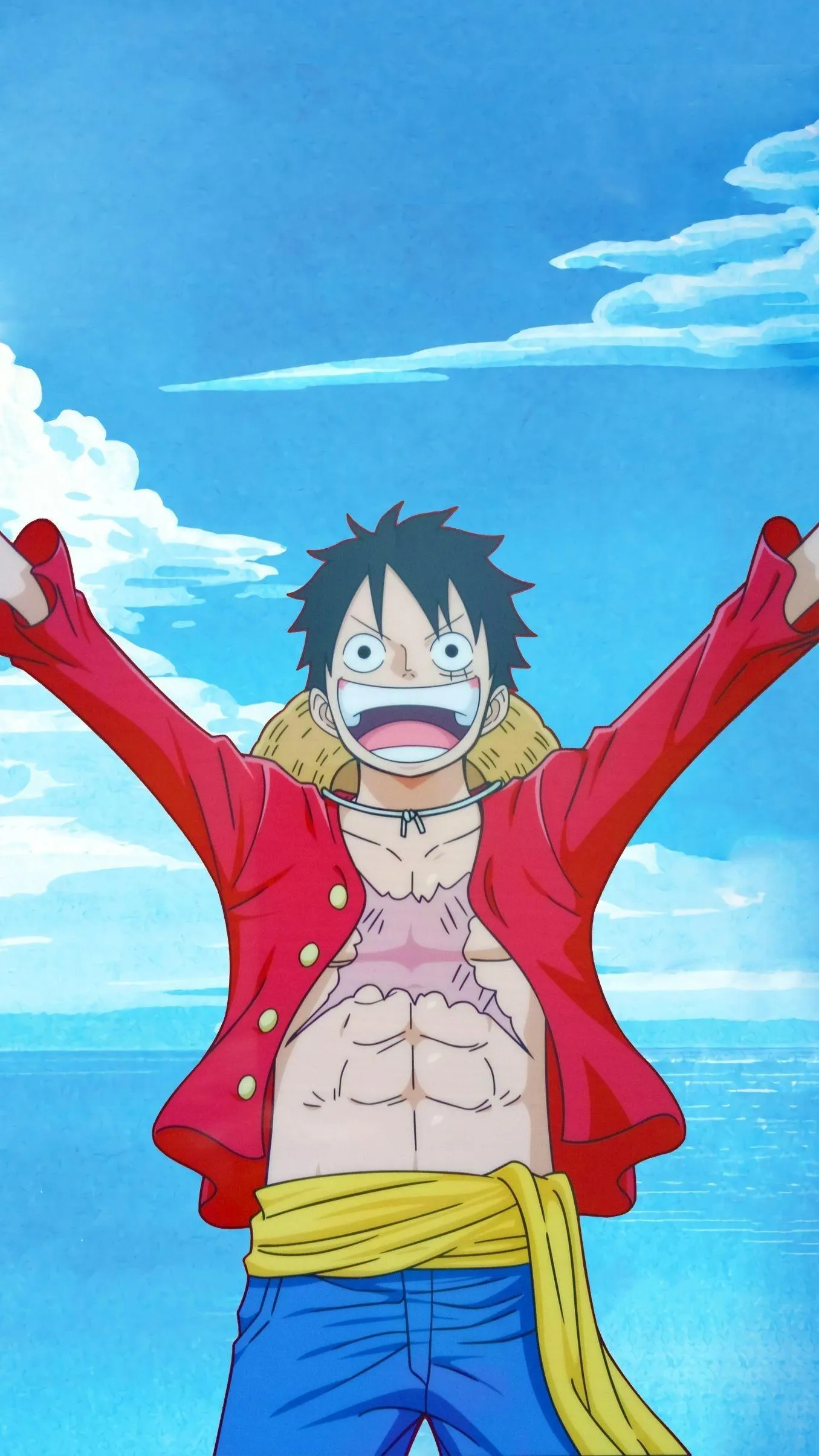 Luffy Jumping in Air with Hands Wide Open Smiling Wallpaper