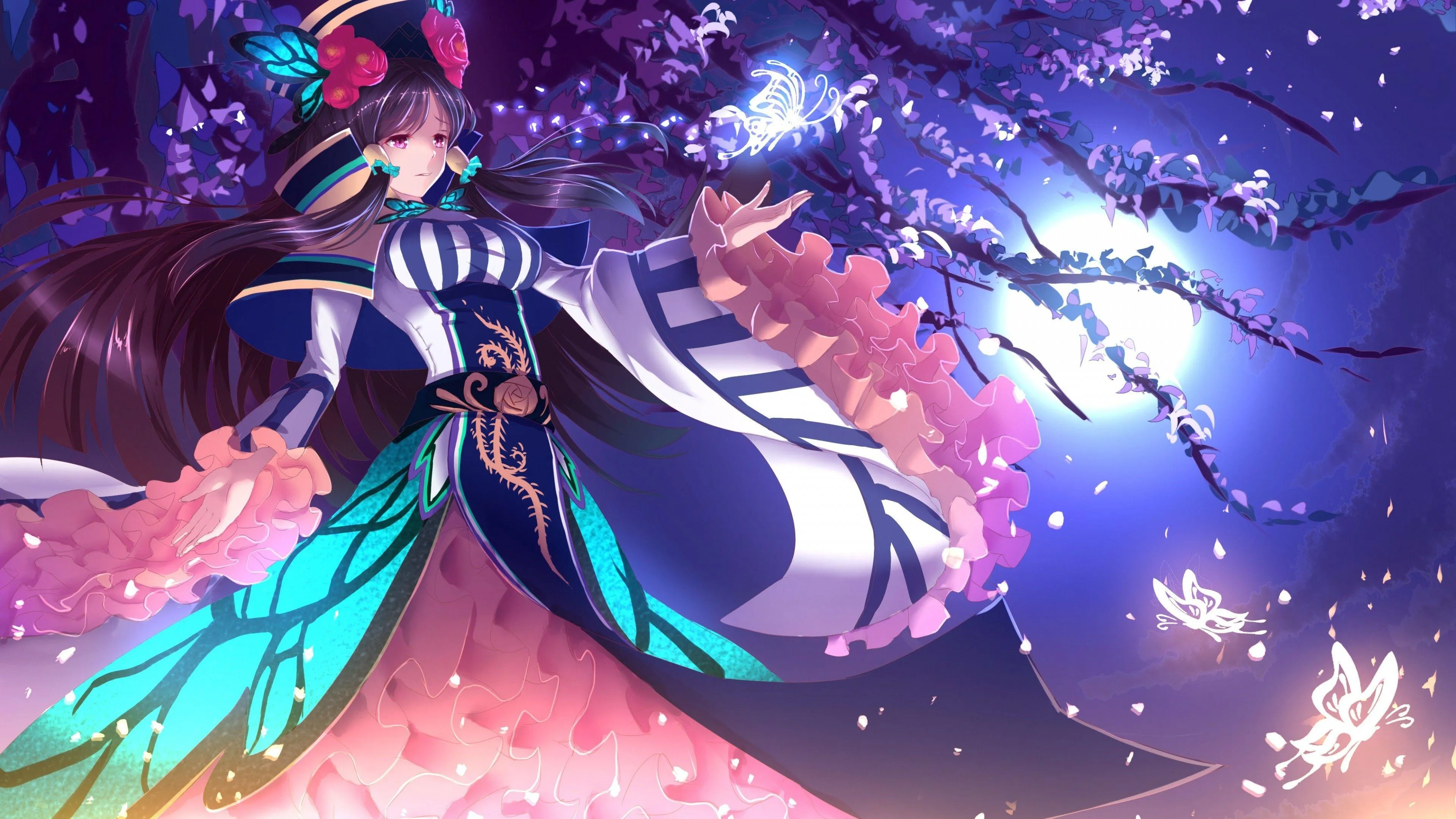 Magical Girl in Flowing Dress with Starry Night Sky