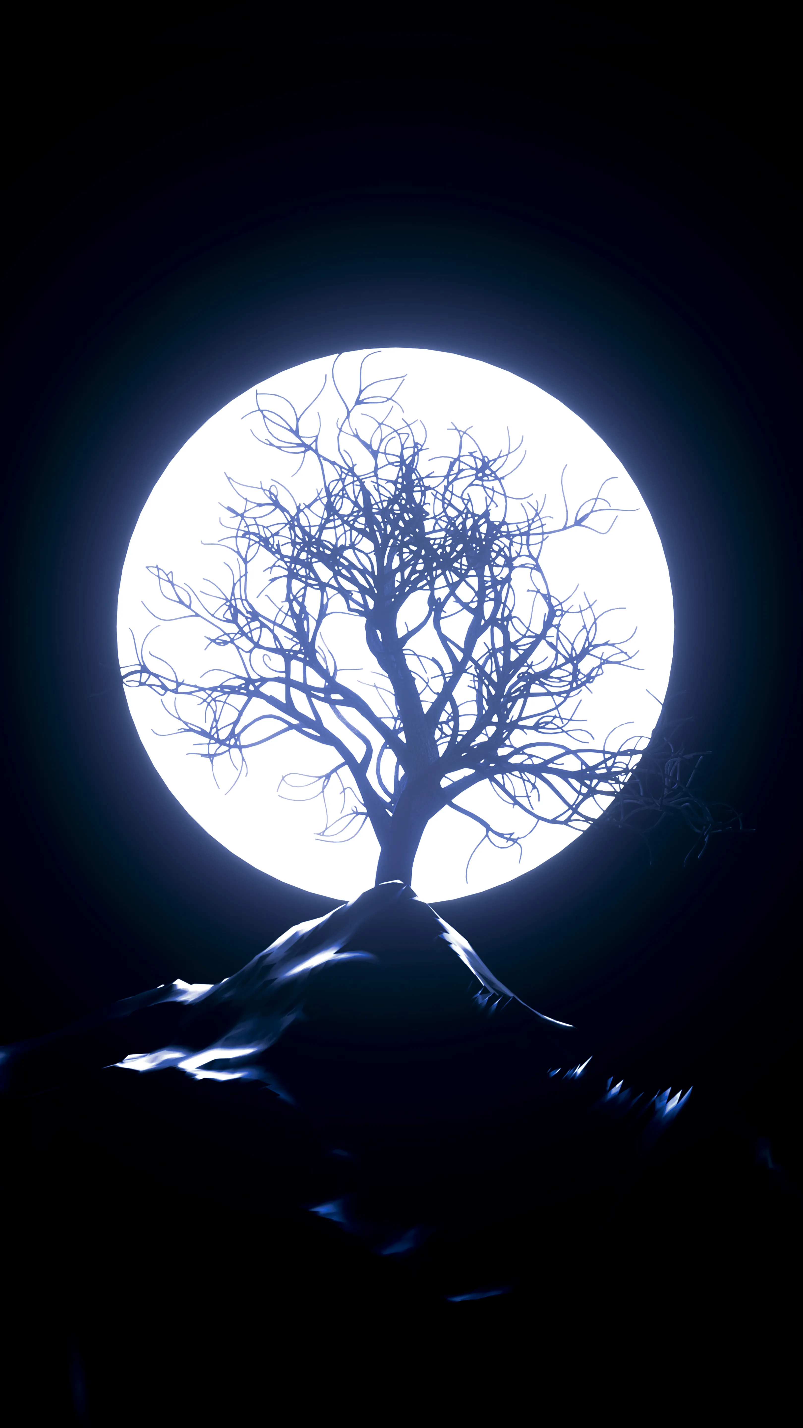 A mountain with a tree and the full moon glows with the tree