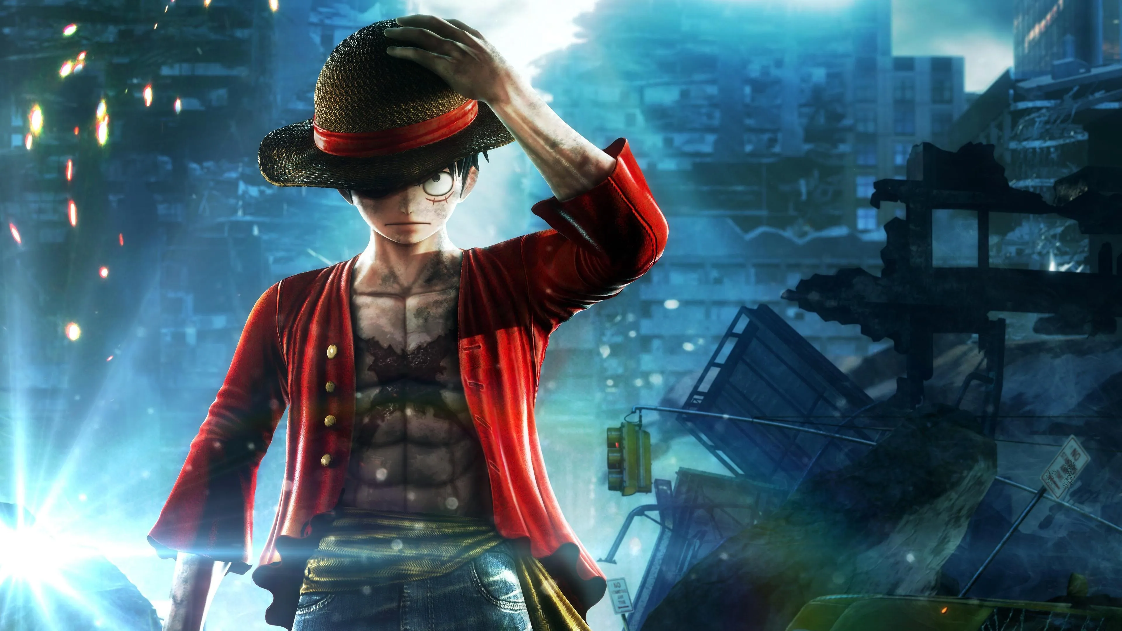 One Piece Luffy Stands Proud with Straw Hat in Hand