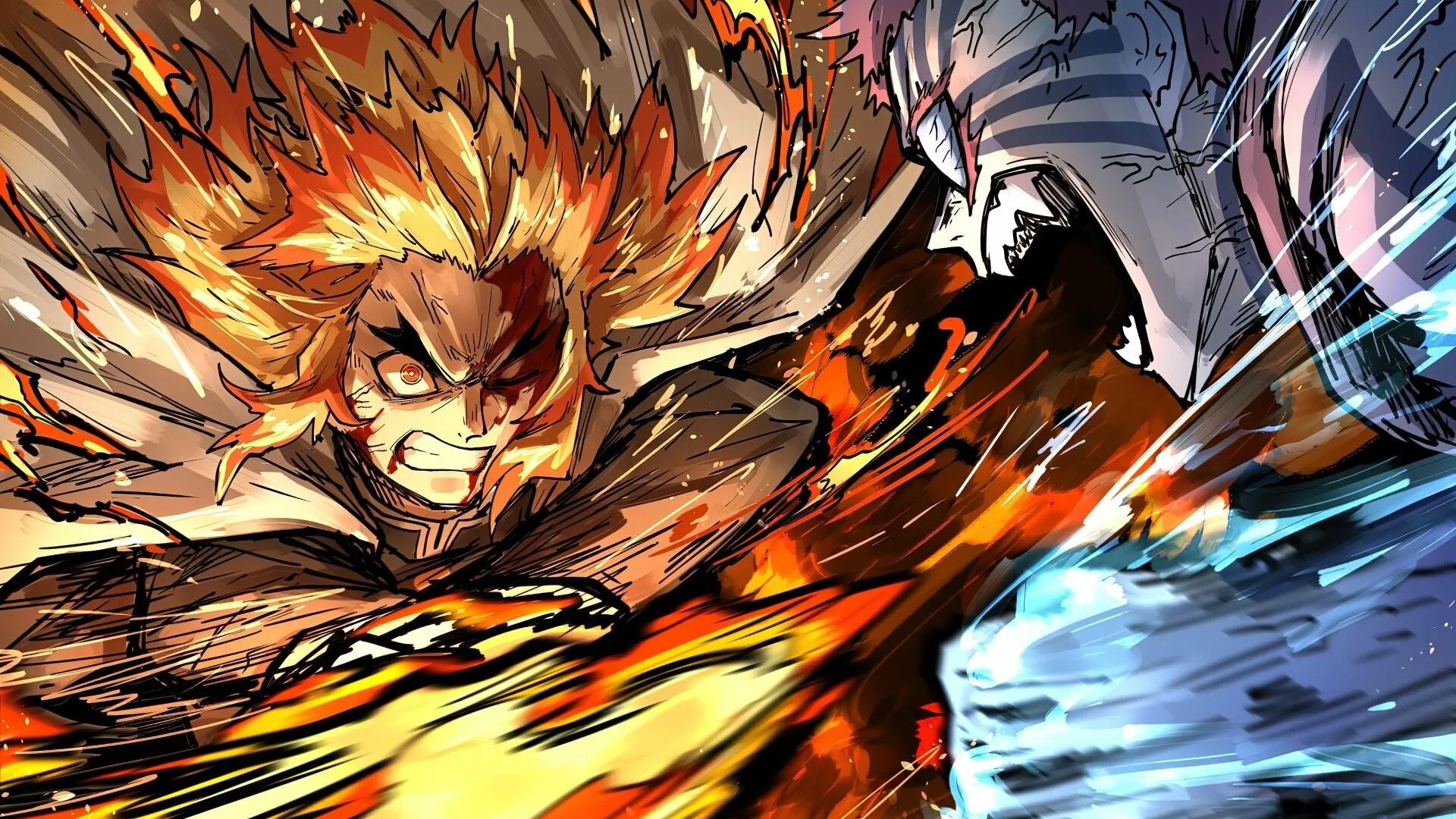 Rengoku Flame Hashira Faces Demon in Heroic Stand Wallpaper