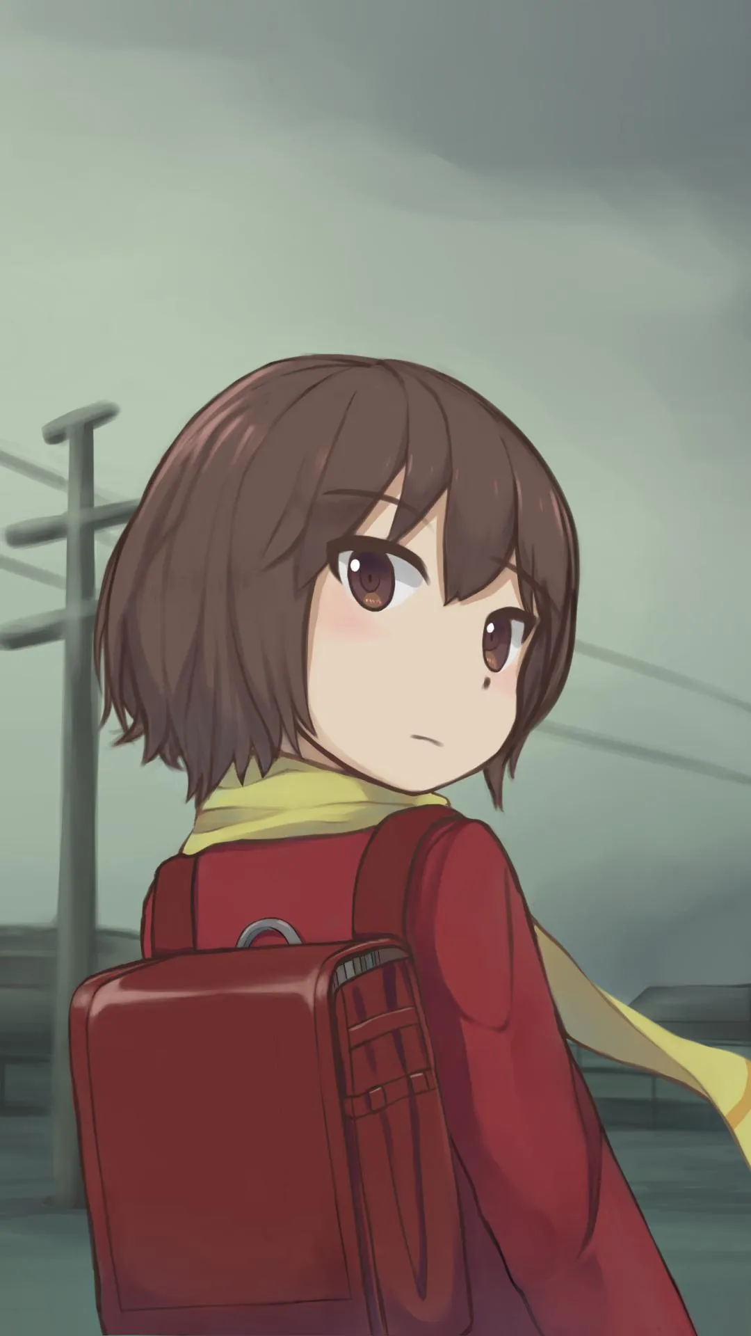 Riko Walking with Red Backpack Looking Back Behind Her