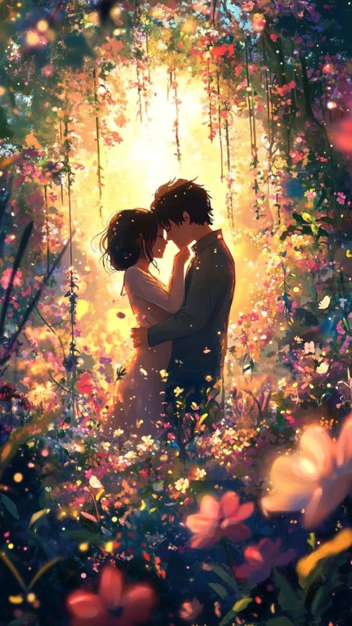 Romantic anime couple in glowing floral garden moment image
