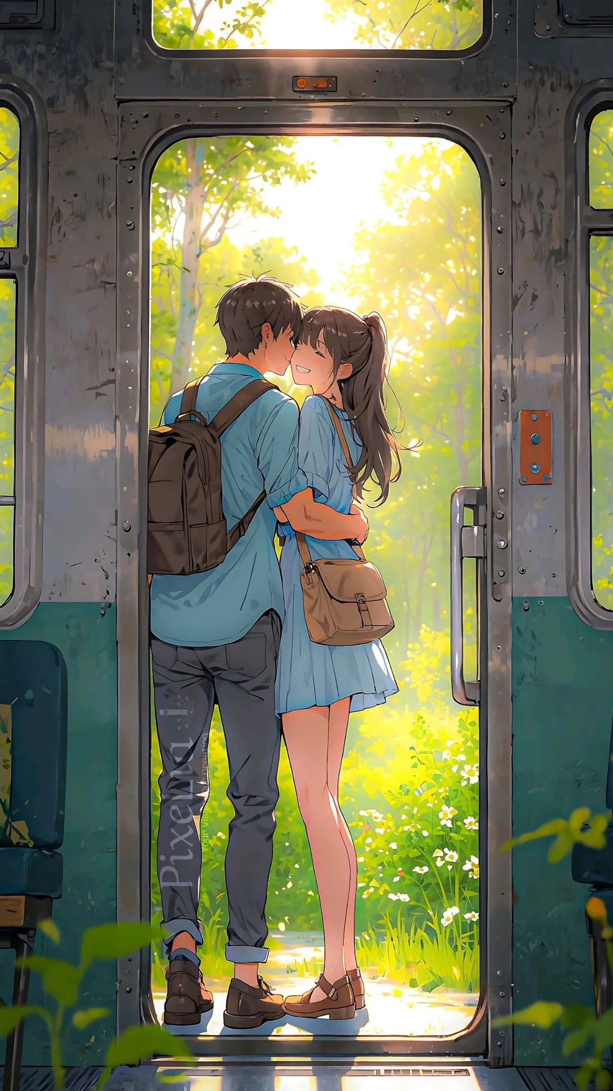 Romantic Anime Couple on a Train in Sunlight hd wallpaper