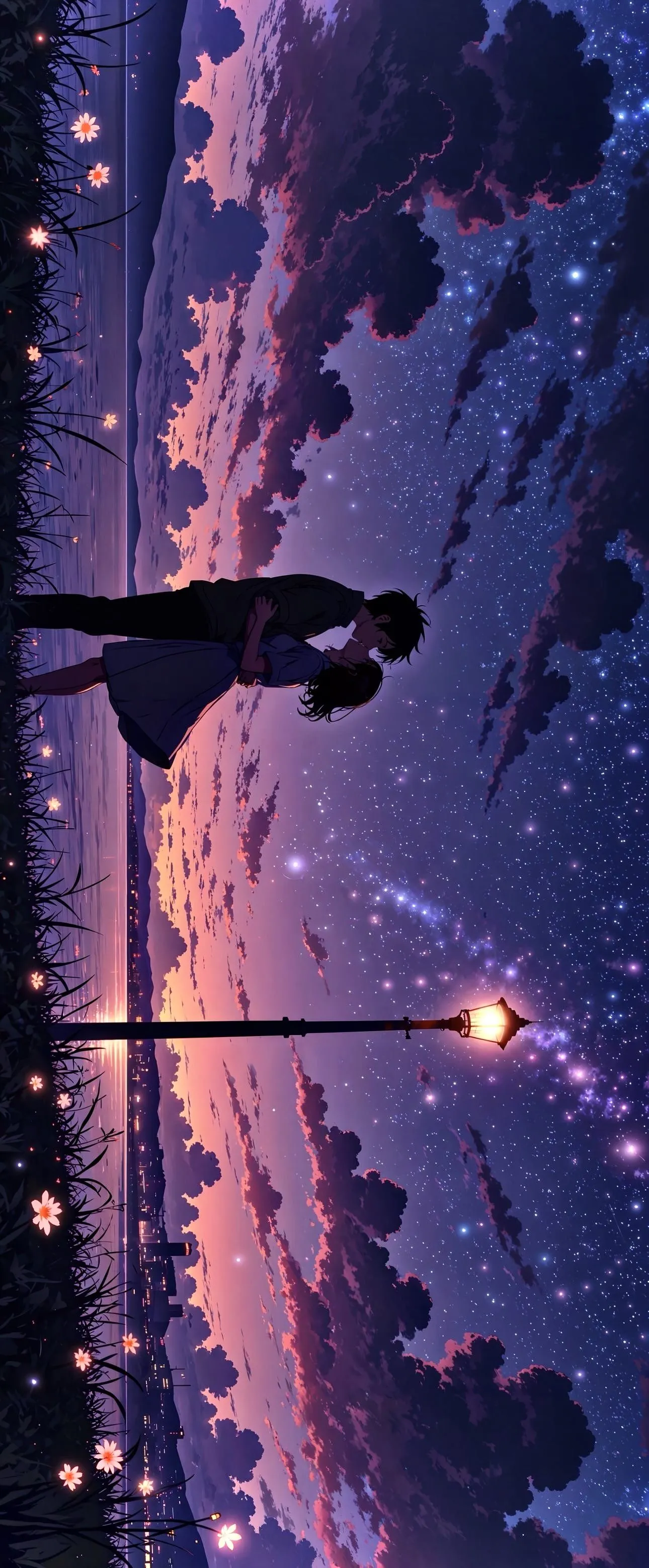 Romantic anime kiss under stars by the ocean at twilight HD