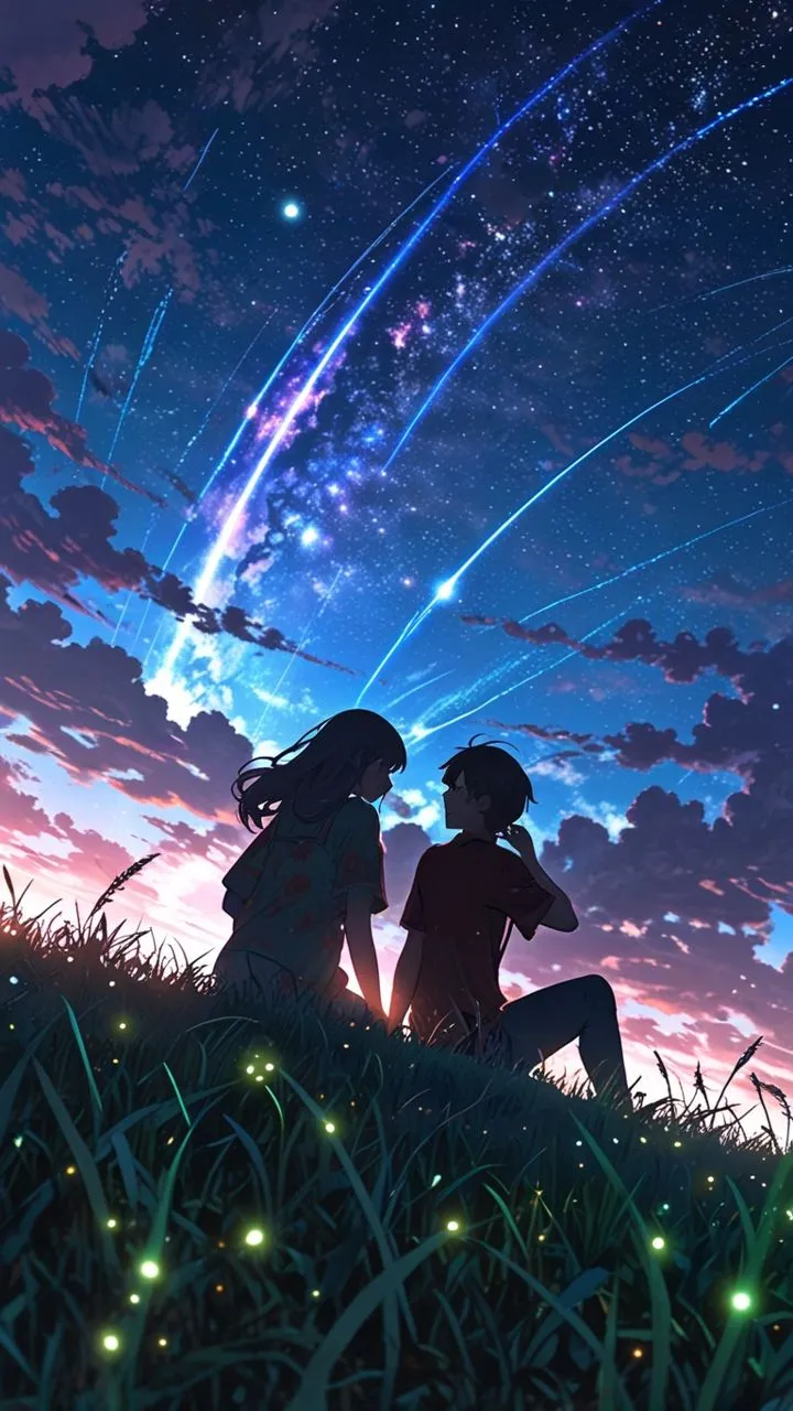 Romantic Anime Stargazing Wallpaper Under Night Sky for free