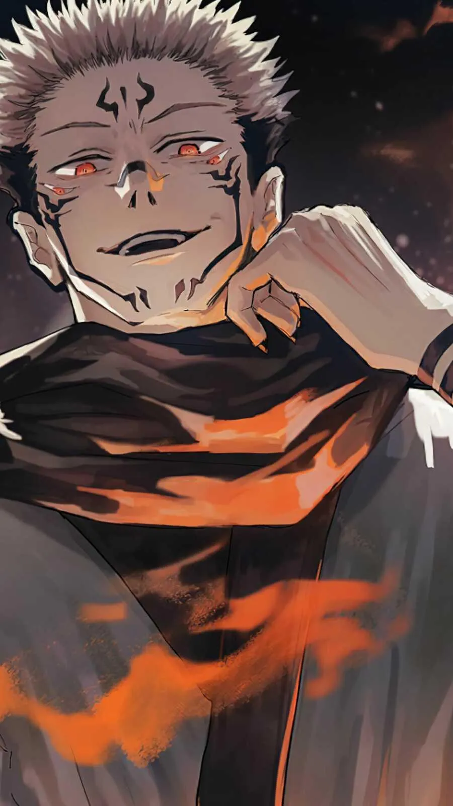 Ryomen Sukuna Showing Confident Smile and Tattoos Wallpaper