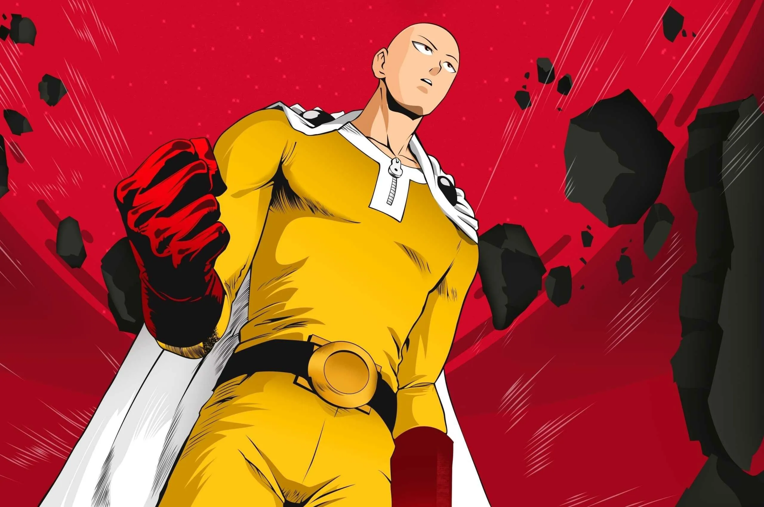 Saitama in Yellow Suit Punching Hard Through Red Wall