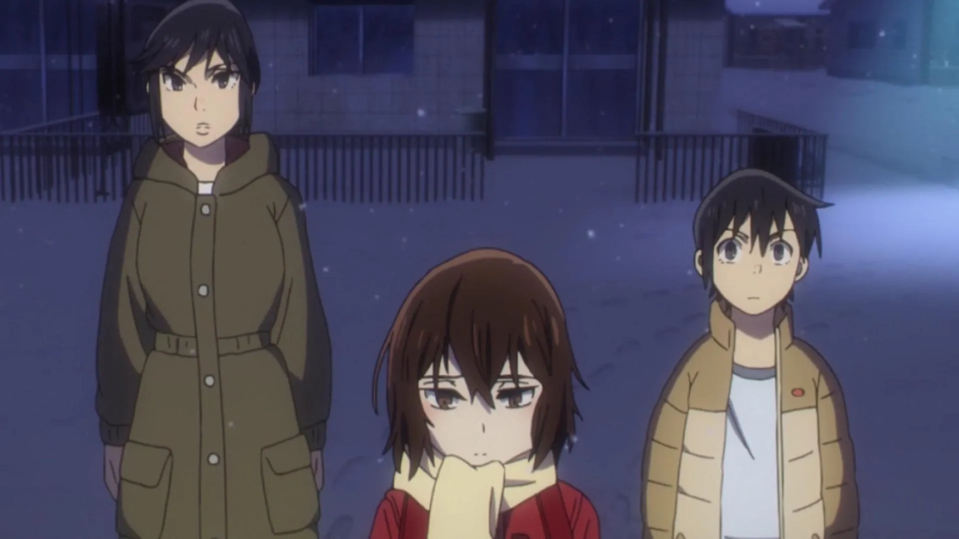 Satoru and Kayo from Erased Standing Quietly in Snowy Street