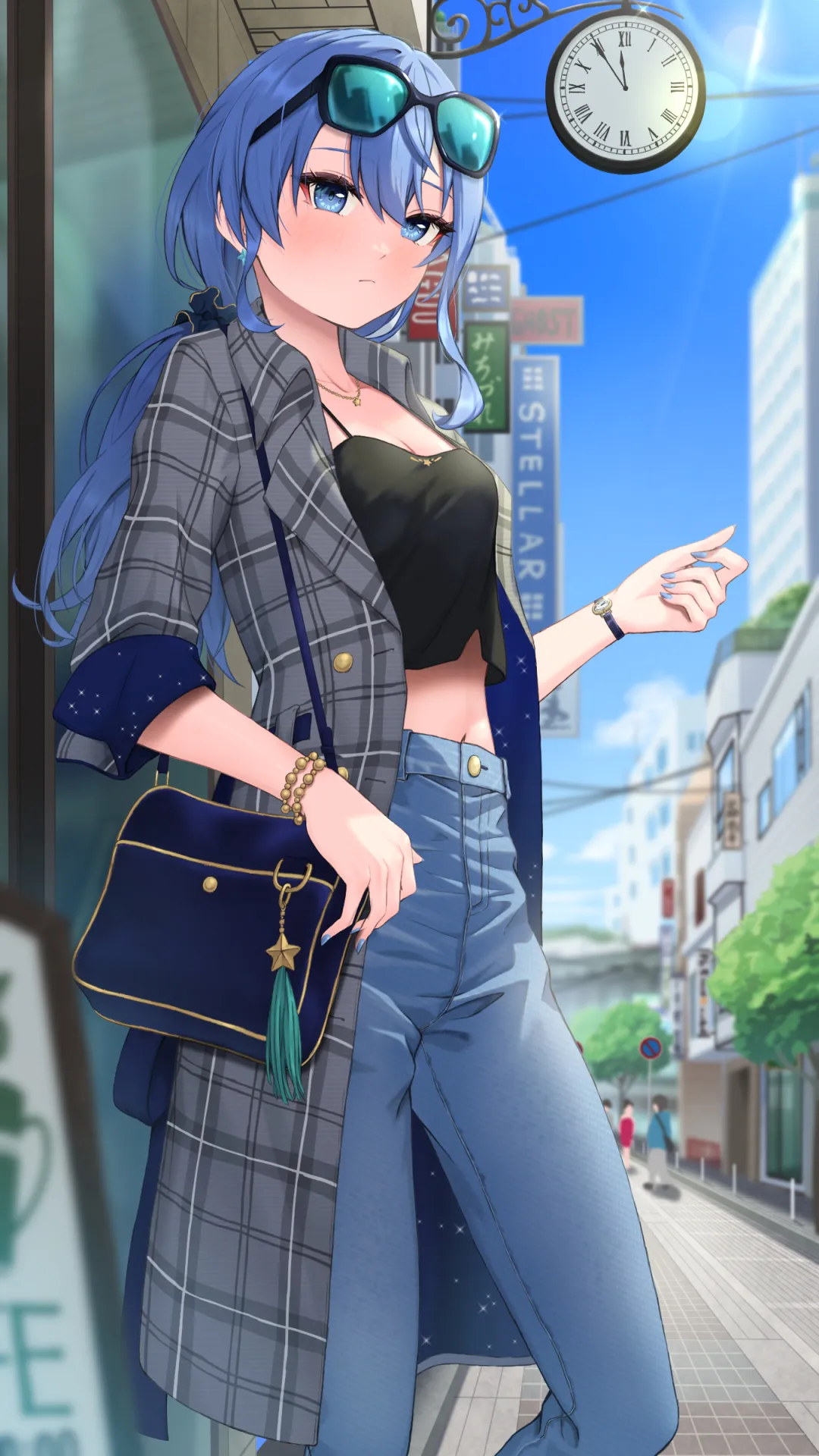 A stylish woman in street with crop top and coat