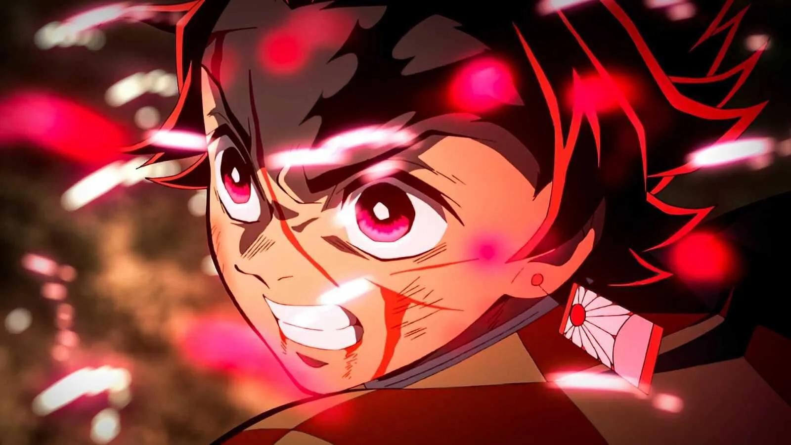 Tanjiro Kamado Fiercely Focused with Sword Ready Wallpaper