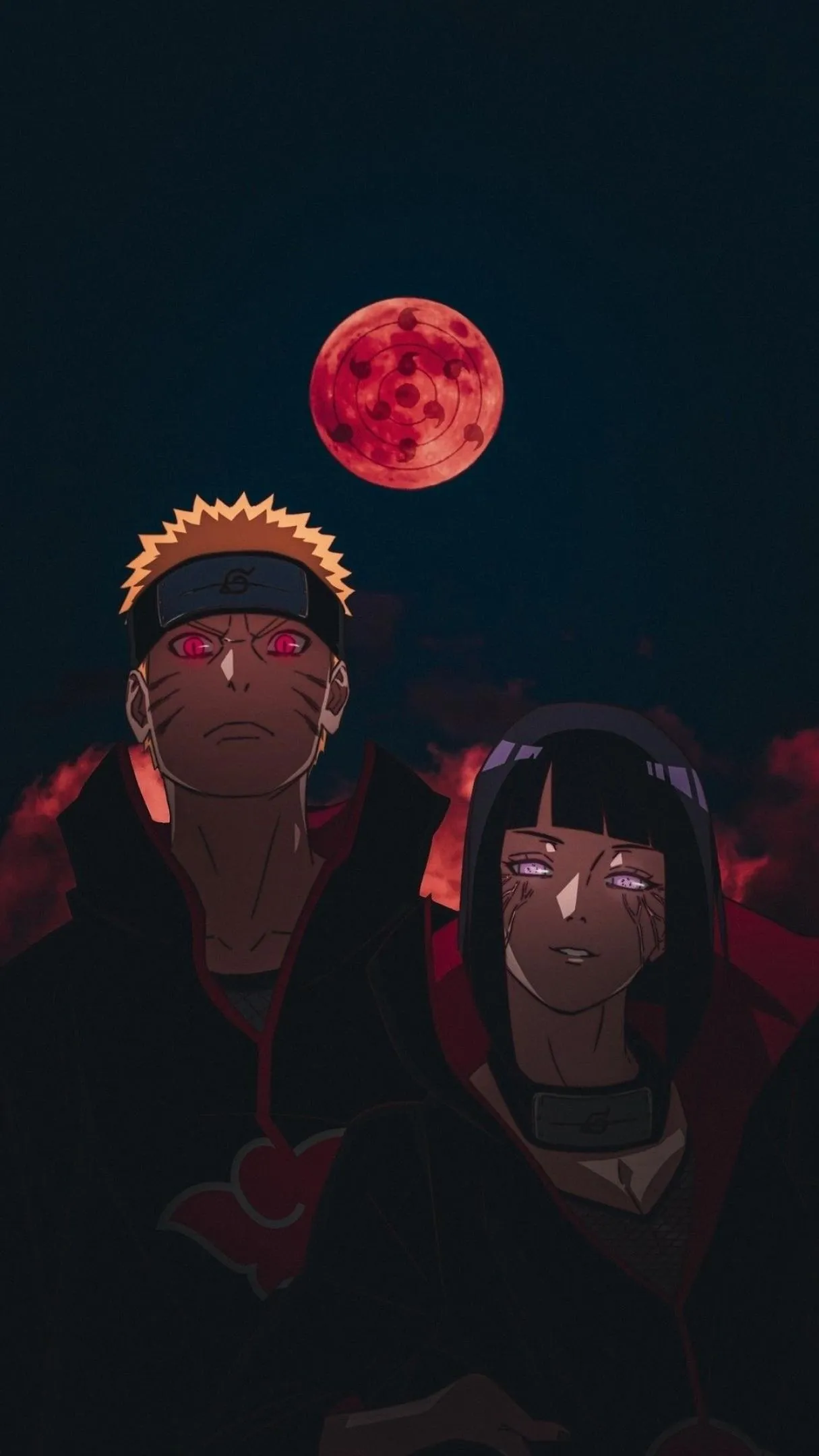 Two Characters Standing Under Red Moon in Dark Atmosphere
