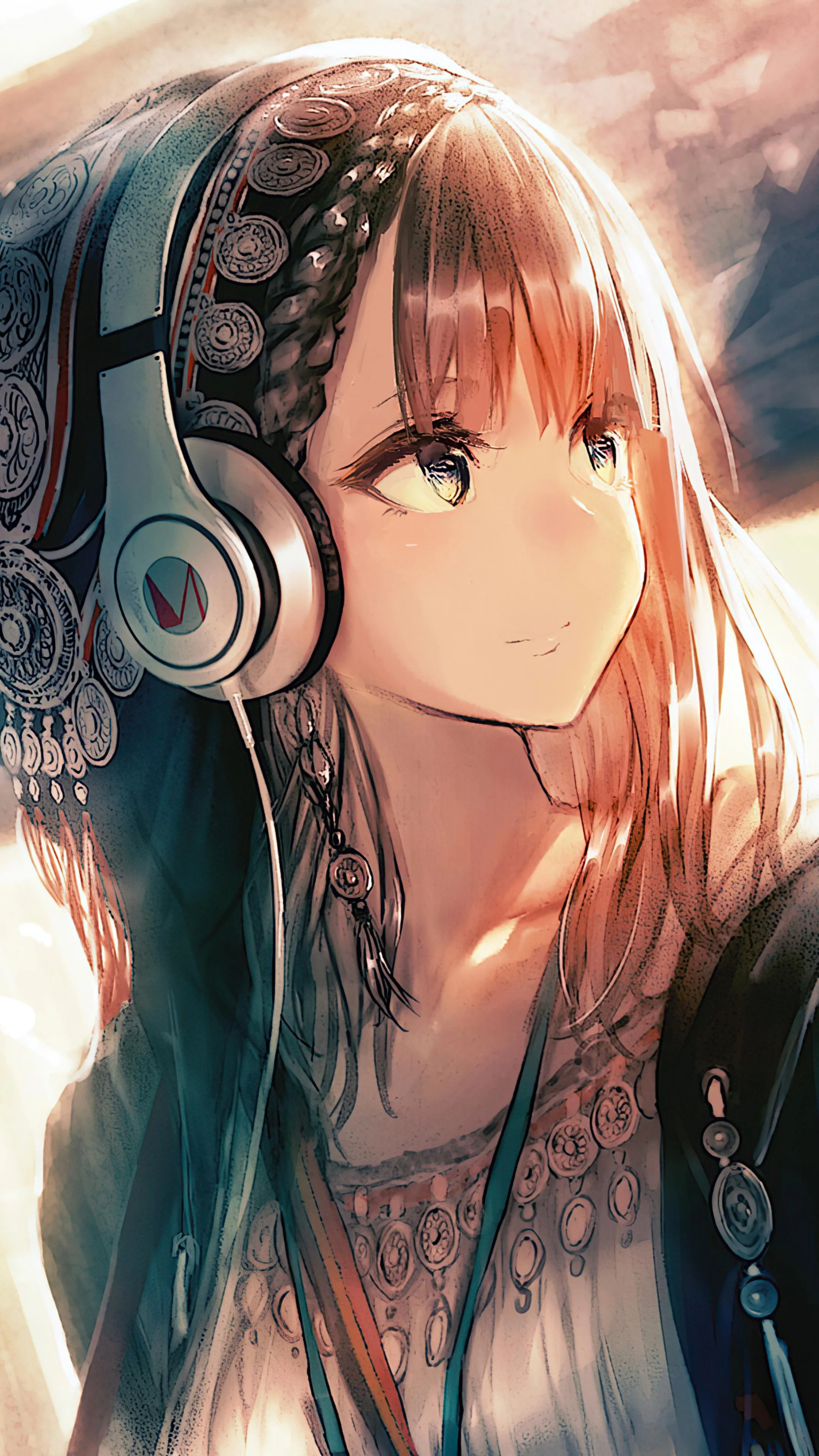 Wallpaper of Anime Girl Listening to Music Wearing Headphones