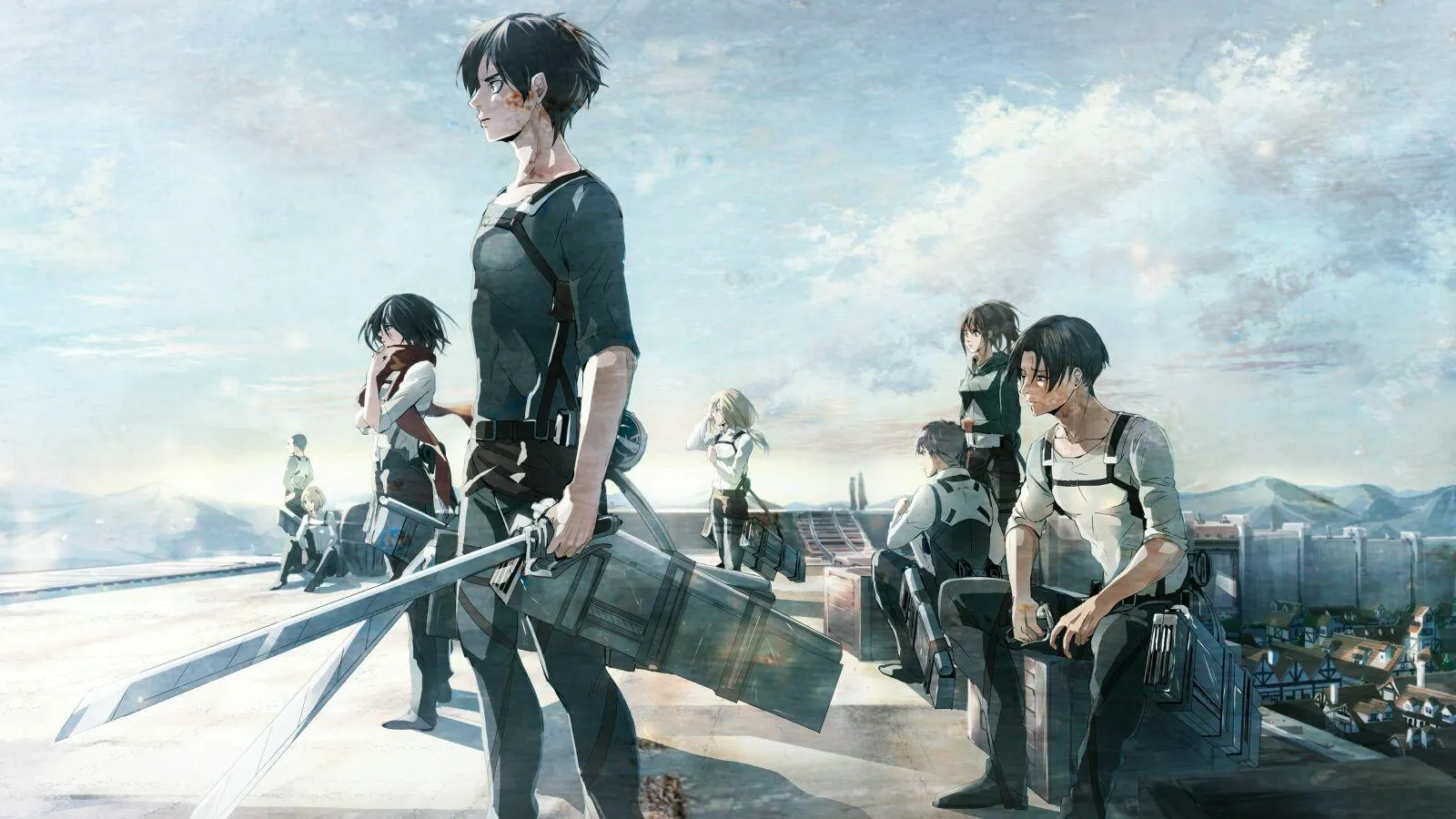 Wallpaper of Eren Yeager and Friends At the Edge of the Wall