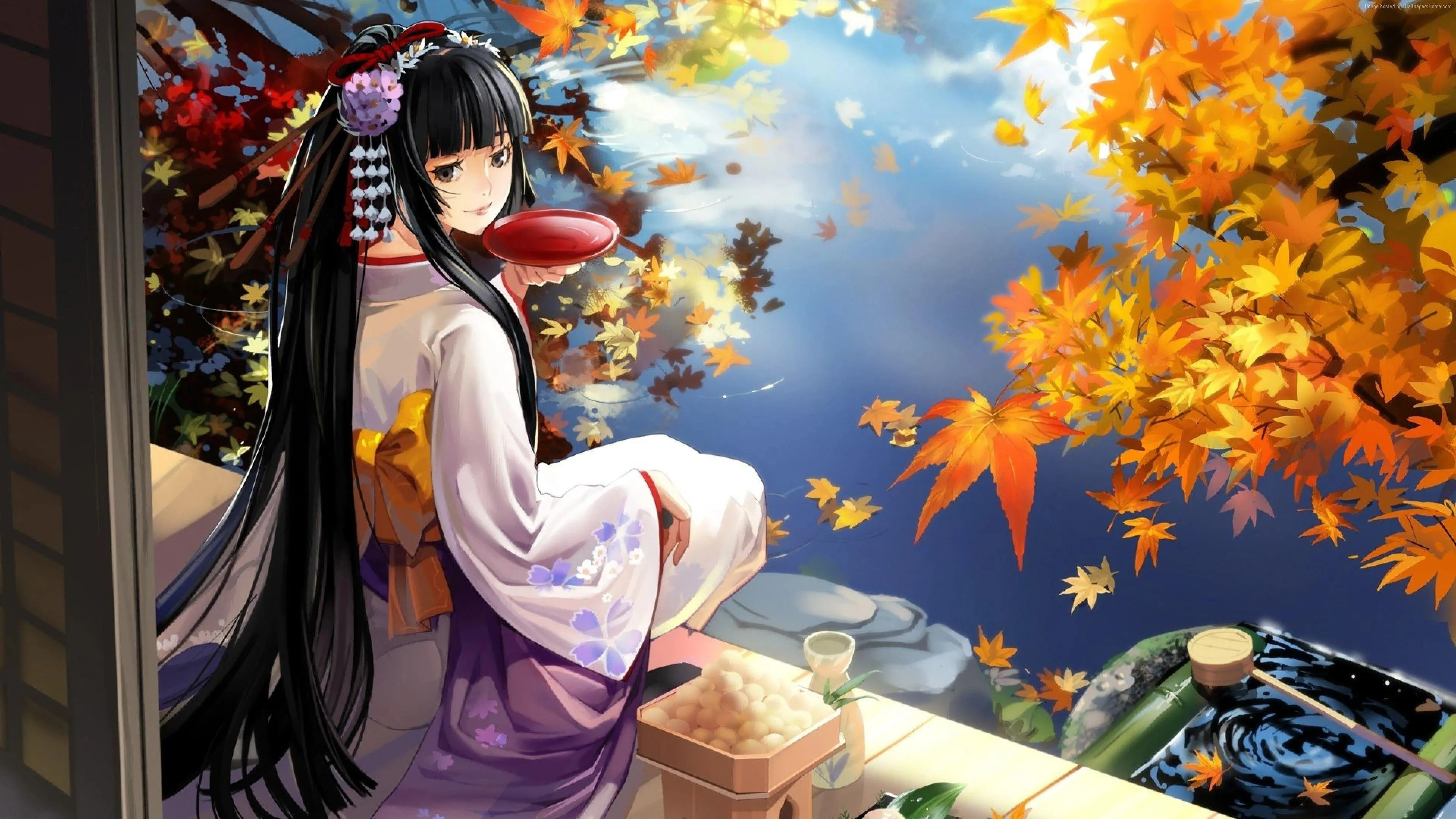 Woman Sitting Under Autumn Tree with Falling Leaves