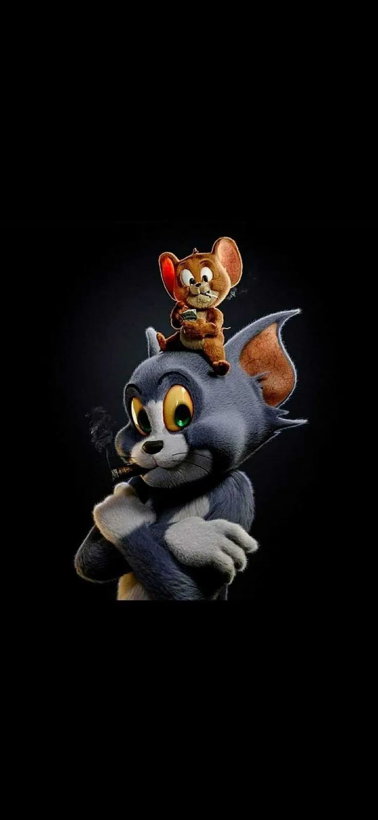 Dark scene with Tom grinning and Jerry in his pocket