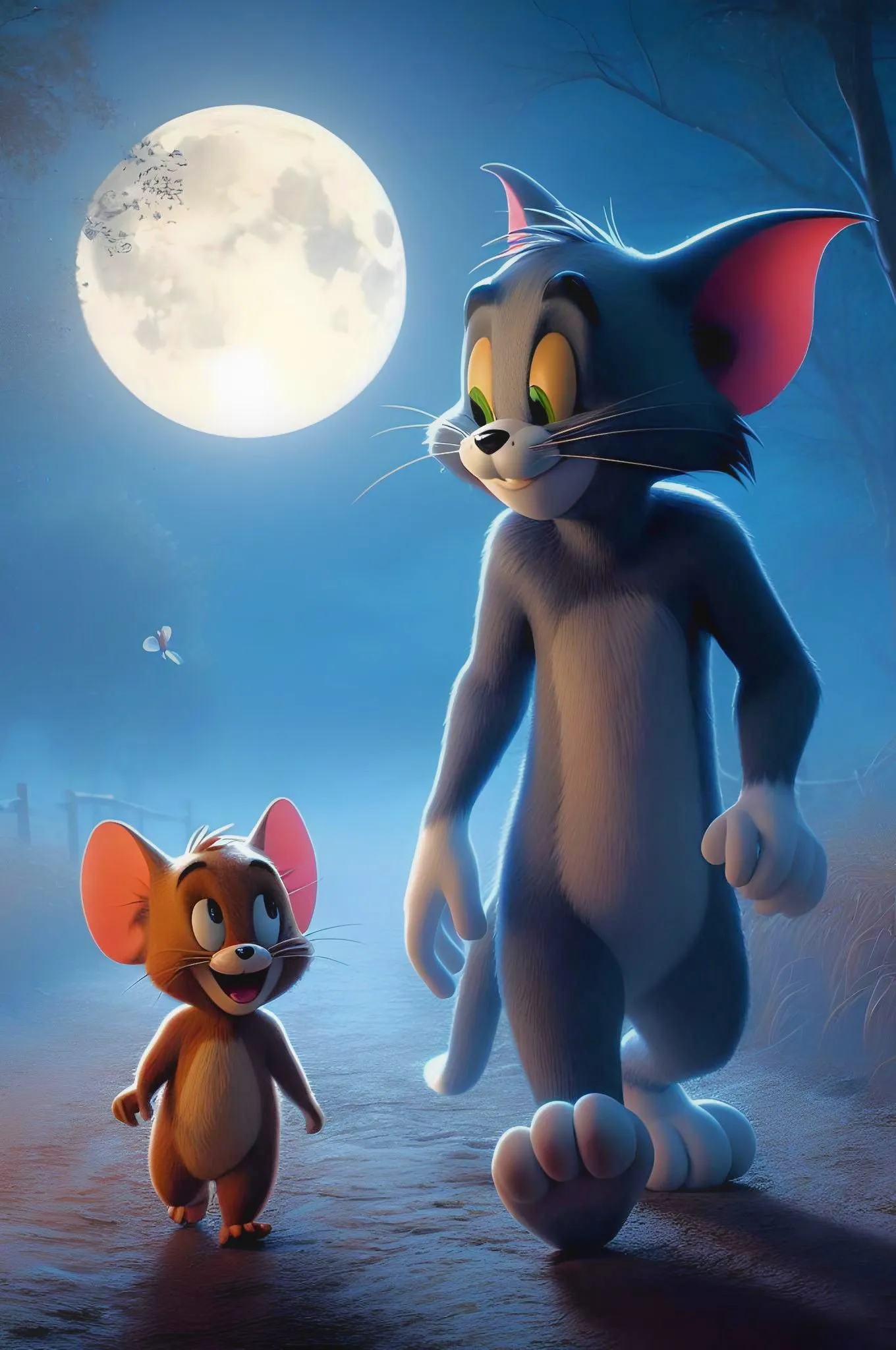 Full Moon Night with Tom and Jerry Looking at the Sky