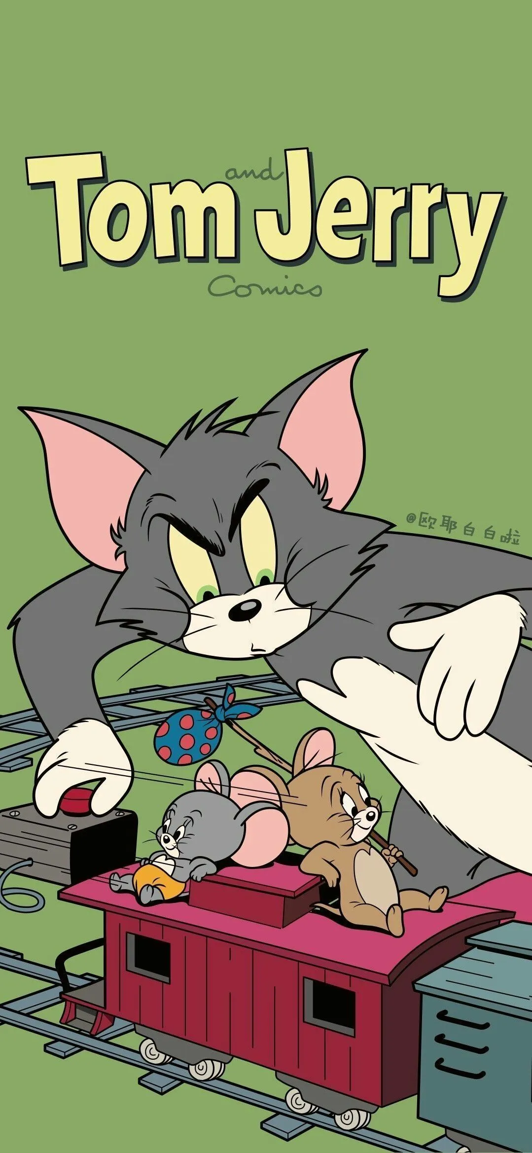 Green Poster with Tom and Jerry Outside a Pink House