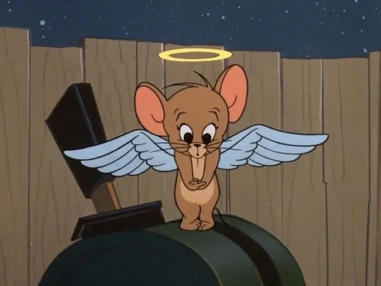 Jerry as a Cute Angel with Wings and Halo by a Fence