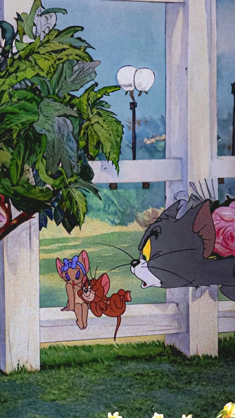 Jerry in the Garden While Tom Hides Behind a Tree