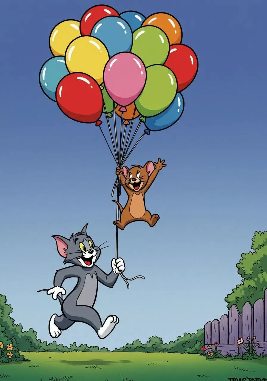 Jerry Mouse Floating with Balloons in a Blue Sky Scene