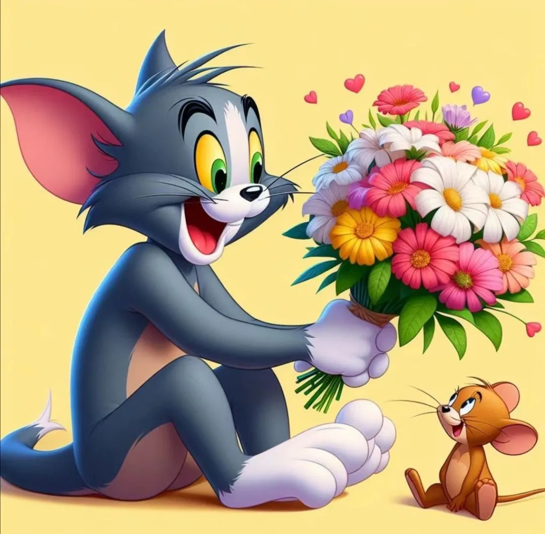 Jerry Surprising Tom with a Colorful Bouquet of Flowers