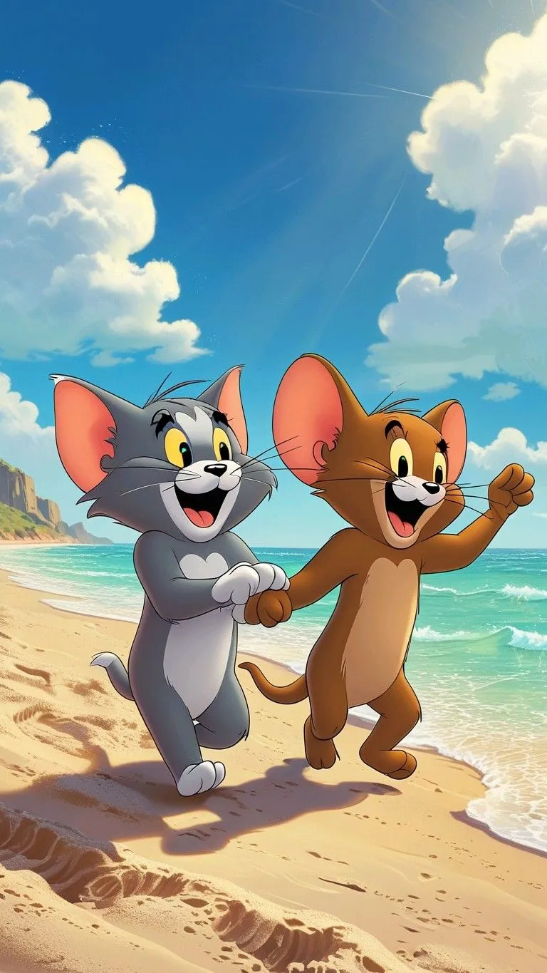 Jerry Walking on Beach While Tom Watches Calmly wallpaper