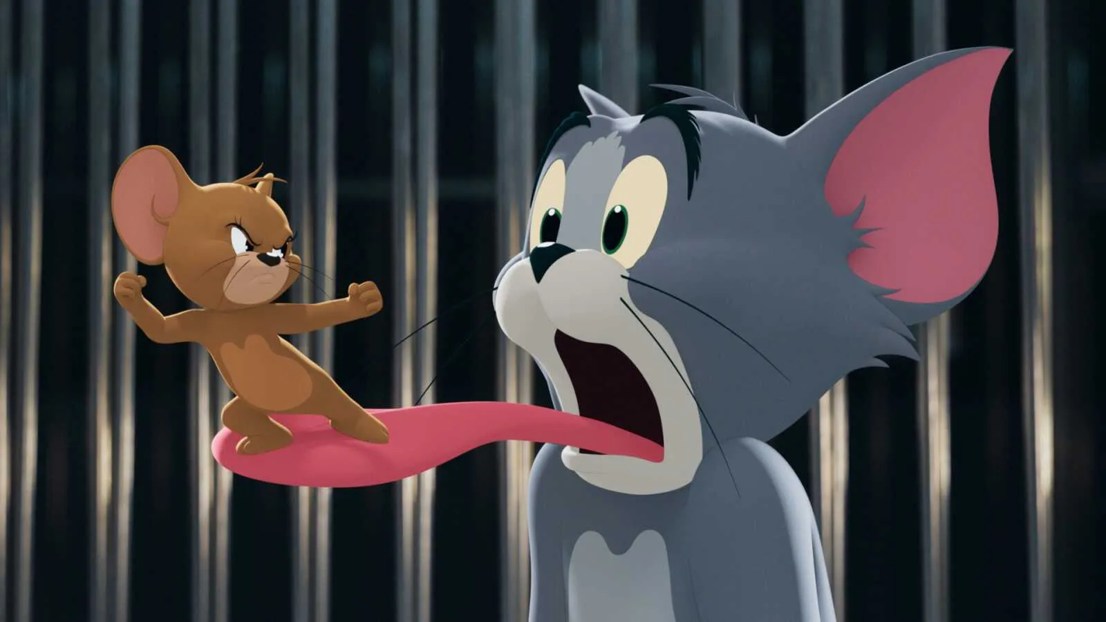 Jerry whispering to a shocked Tom in a dark room wallpaper