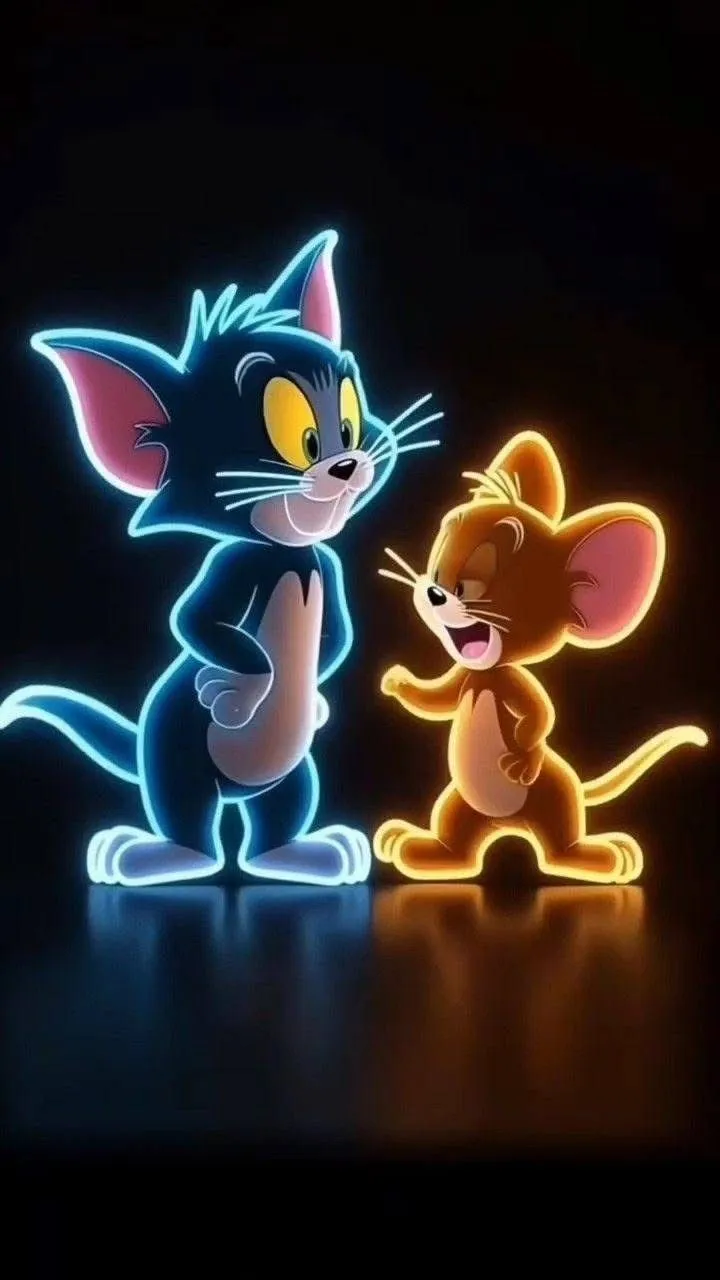 Neon Style Tom and Jerry Silhouettes on Black Background